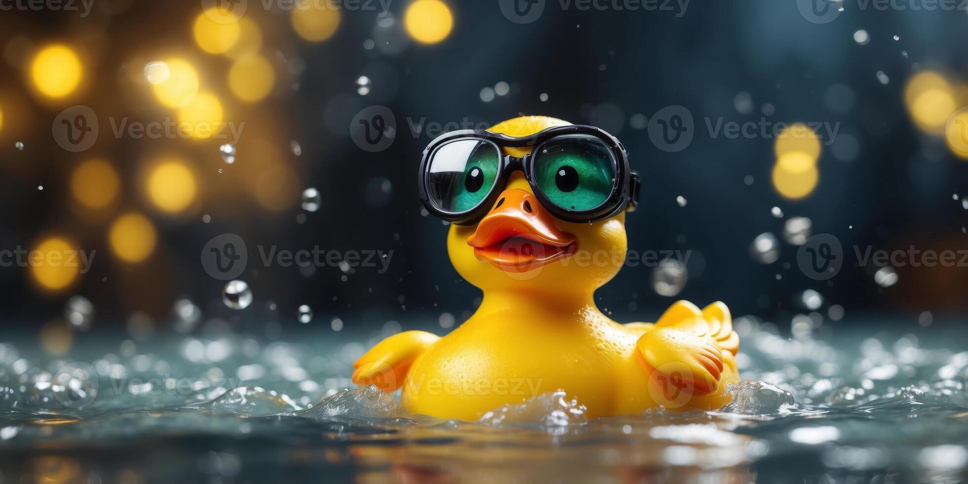 Cheerful yellow rubber duck in bubble bath with goggles. photo