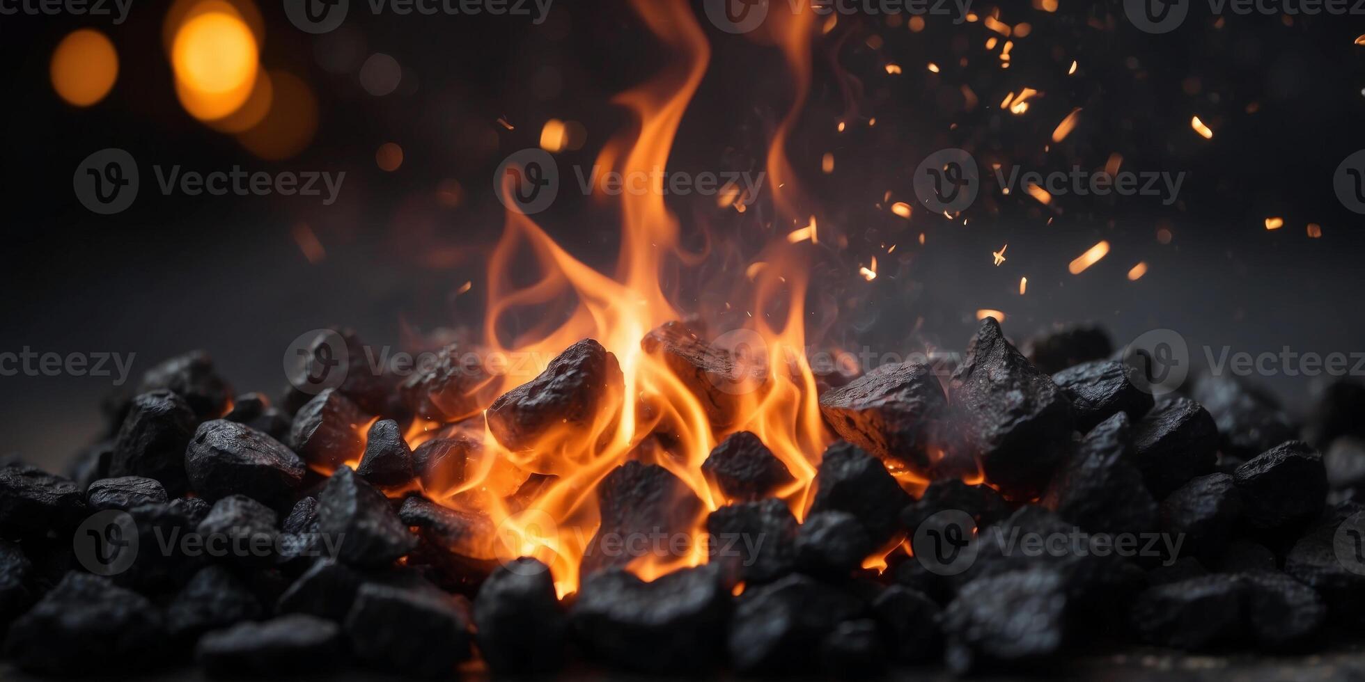 Burning charcoal with bright flames and sparks flying upward. photo