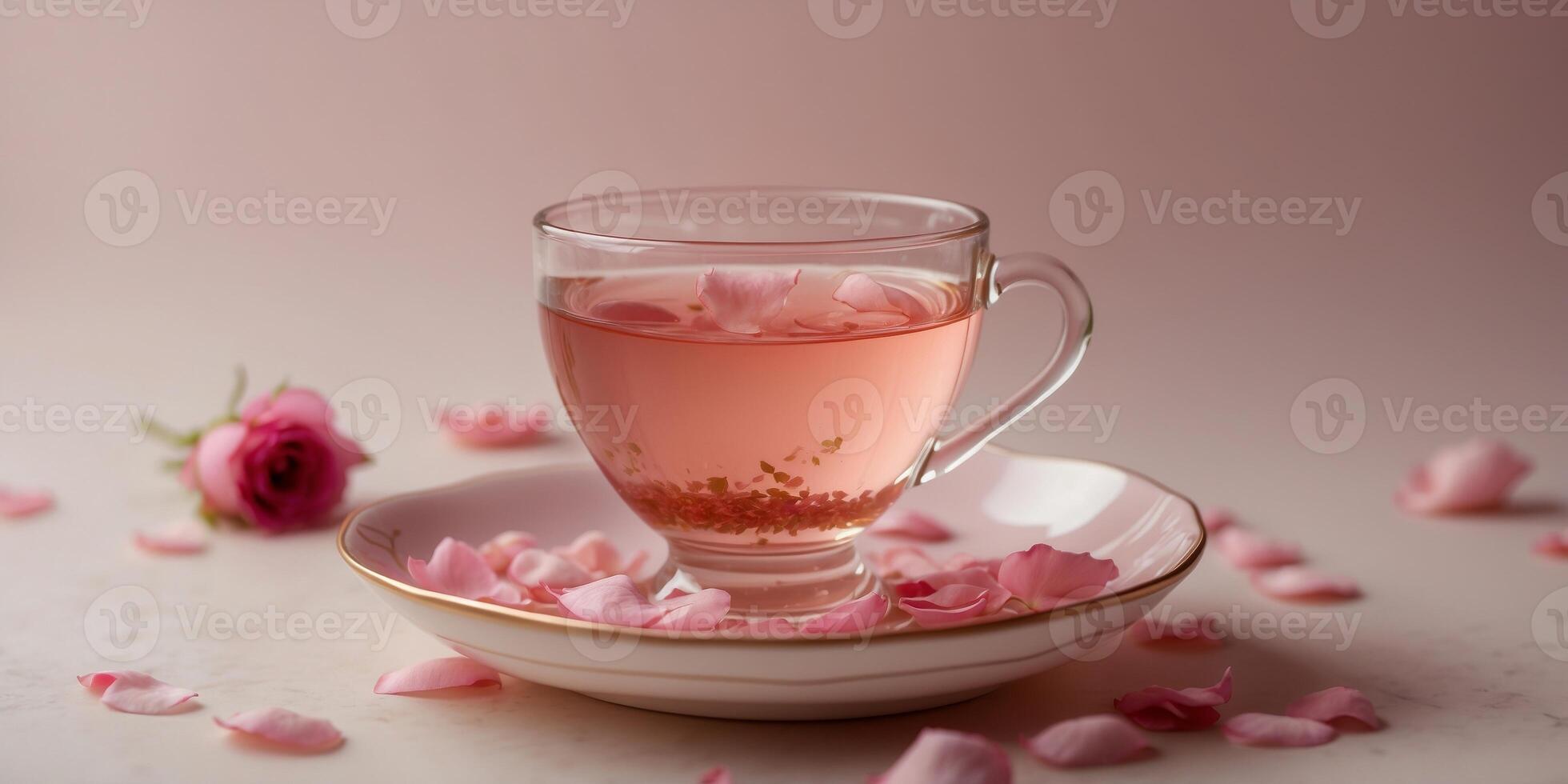 A glass teacup filled with pink rose tea sits on a saucer surrounded by pink rose petals on a pink background Some petals are falling from above. photo