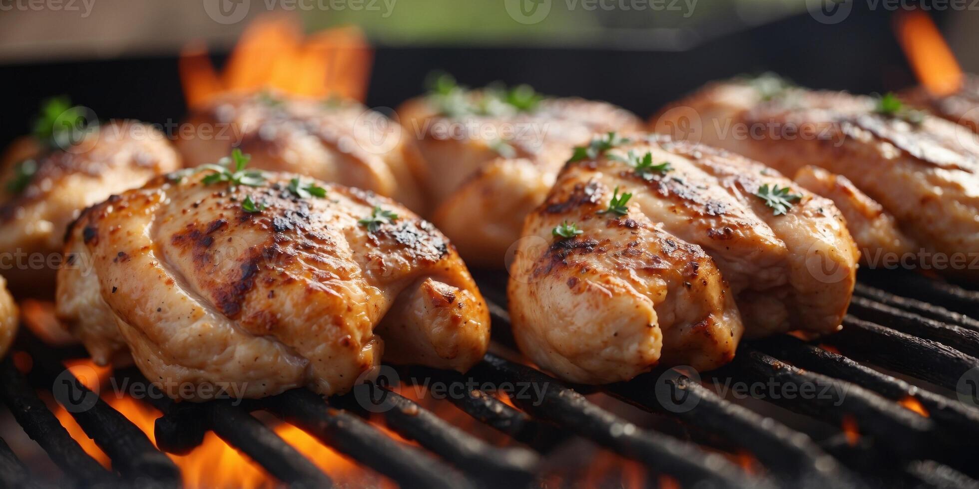 Juicy grilled chicken breast on barbecue. photo