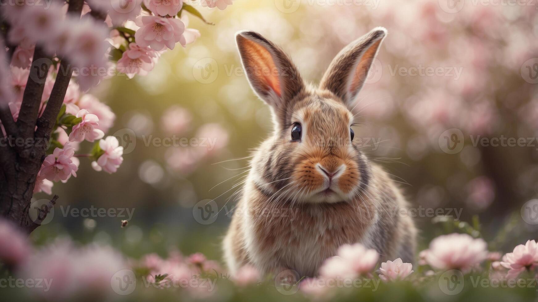 Cute Bunny Eating in a Garden of Pink Blossoms. photo