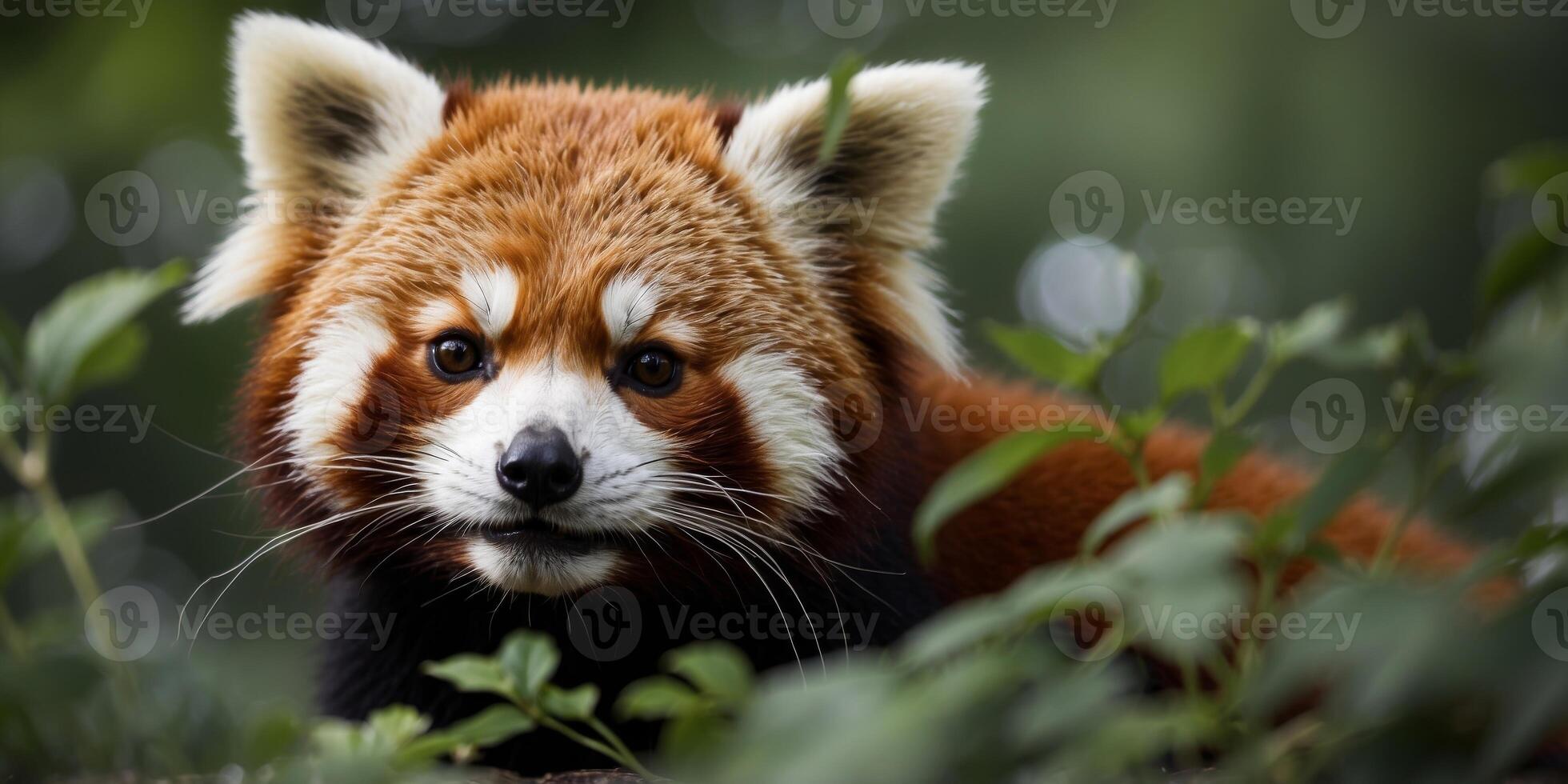 Curious red panda peering lush green foliage. photo