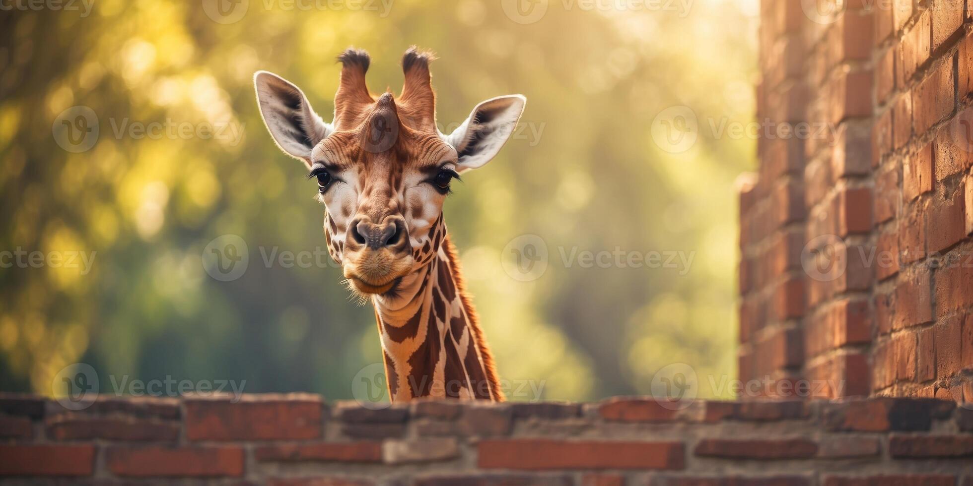 Curious giraffe peeking over a brick wall in sunlight. photo