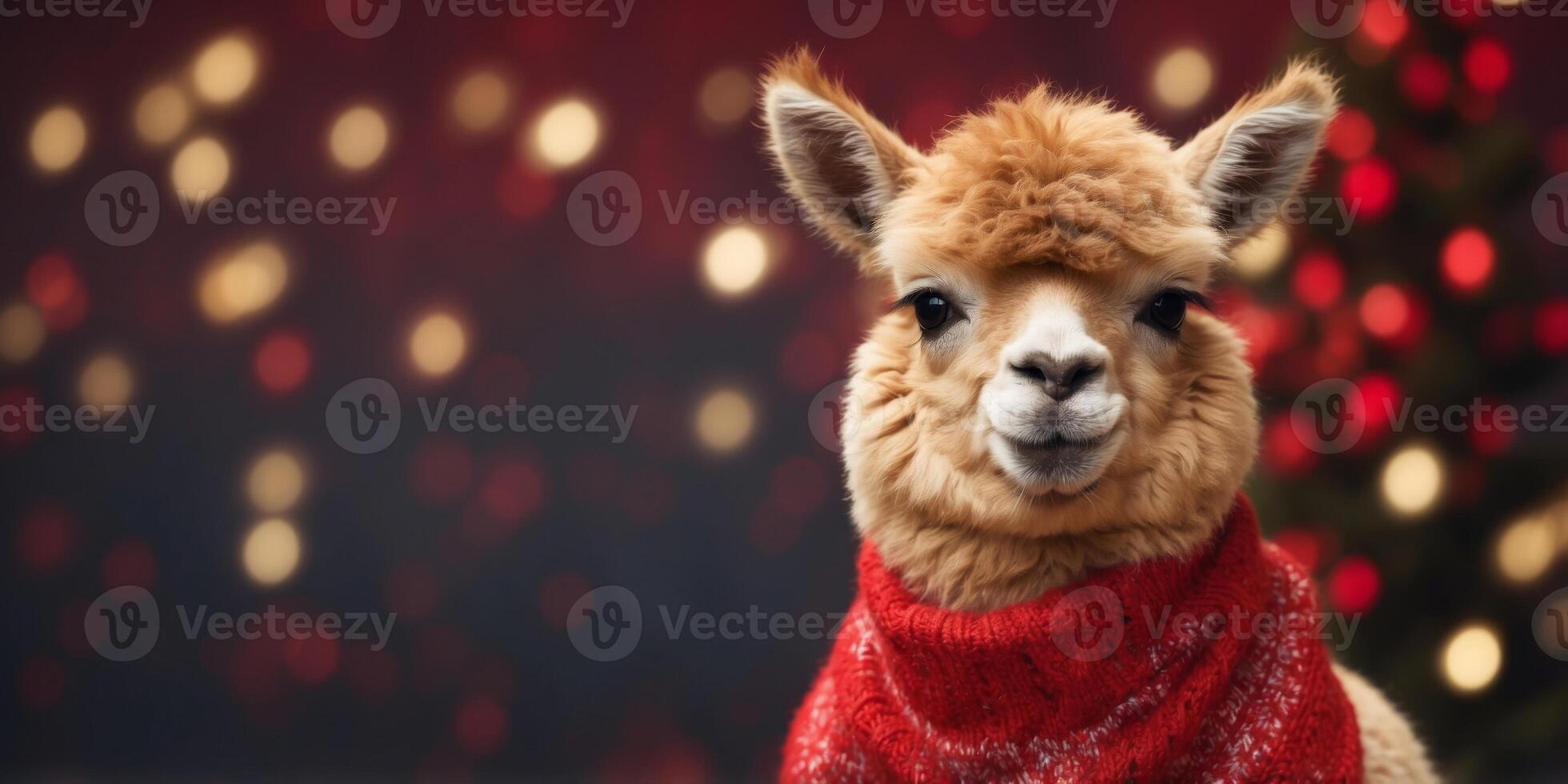 Cute alpaca in red sweater on festive background. photo