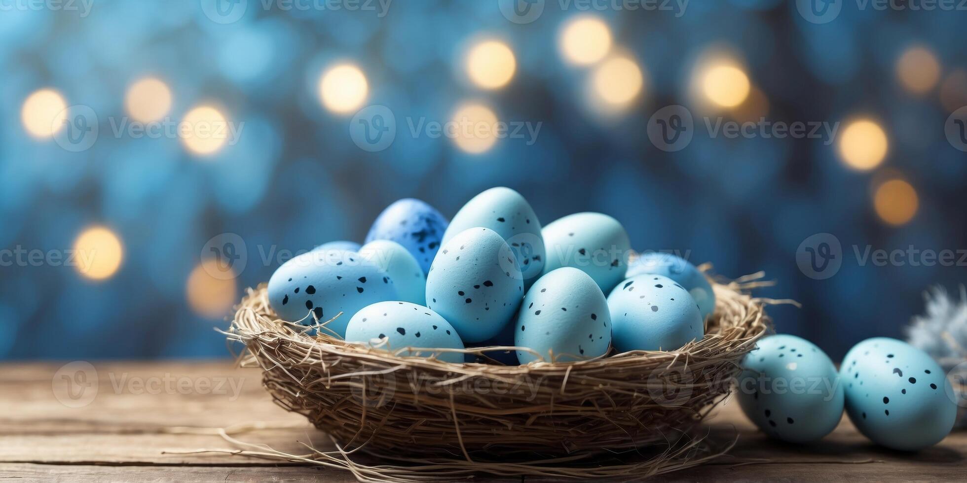 Easter celebration with polka dot blue eggs in nest on wooden background. photo