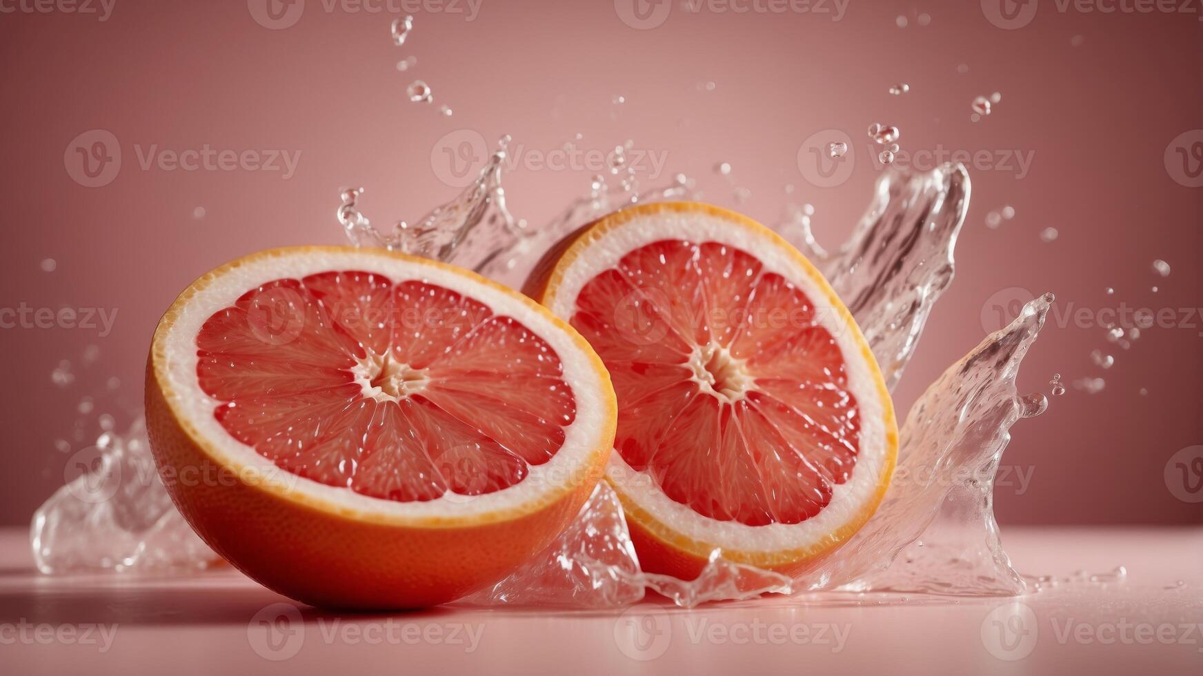 Juicy grapefruit slices with splashes and ice on pink background. photo