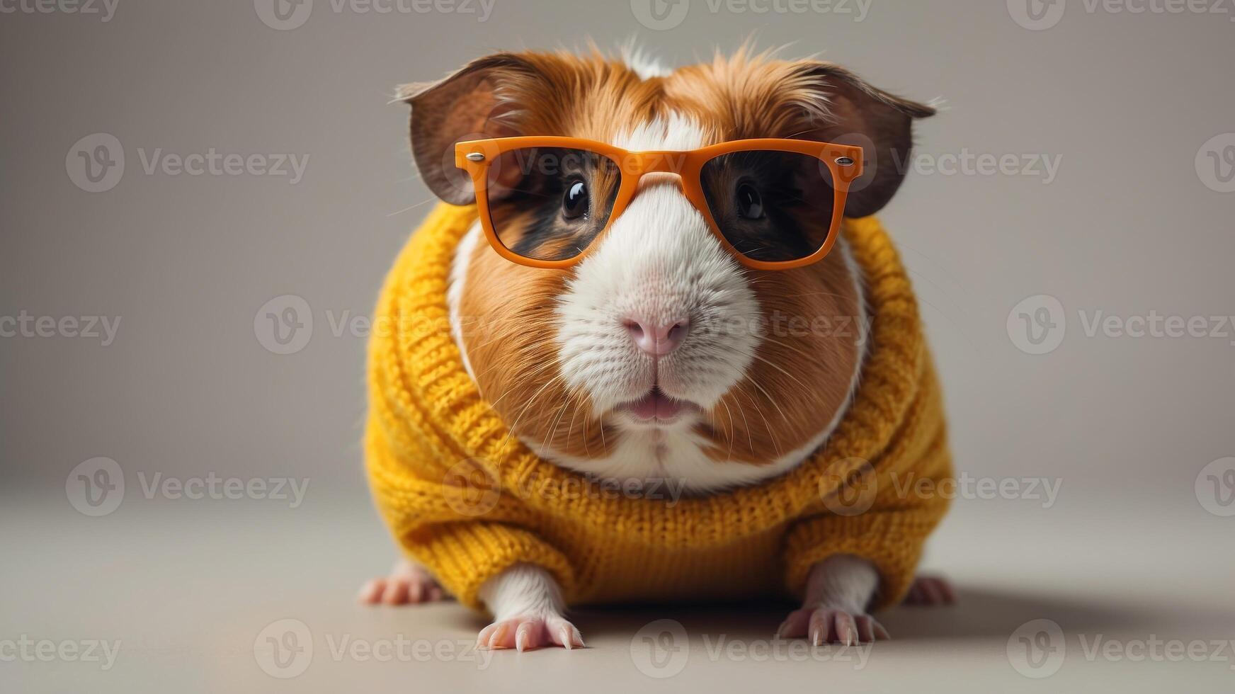 Cute Guinea Pig in Sunglasses and a Yellow Knit Sweater. photo