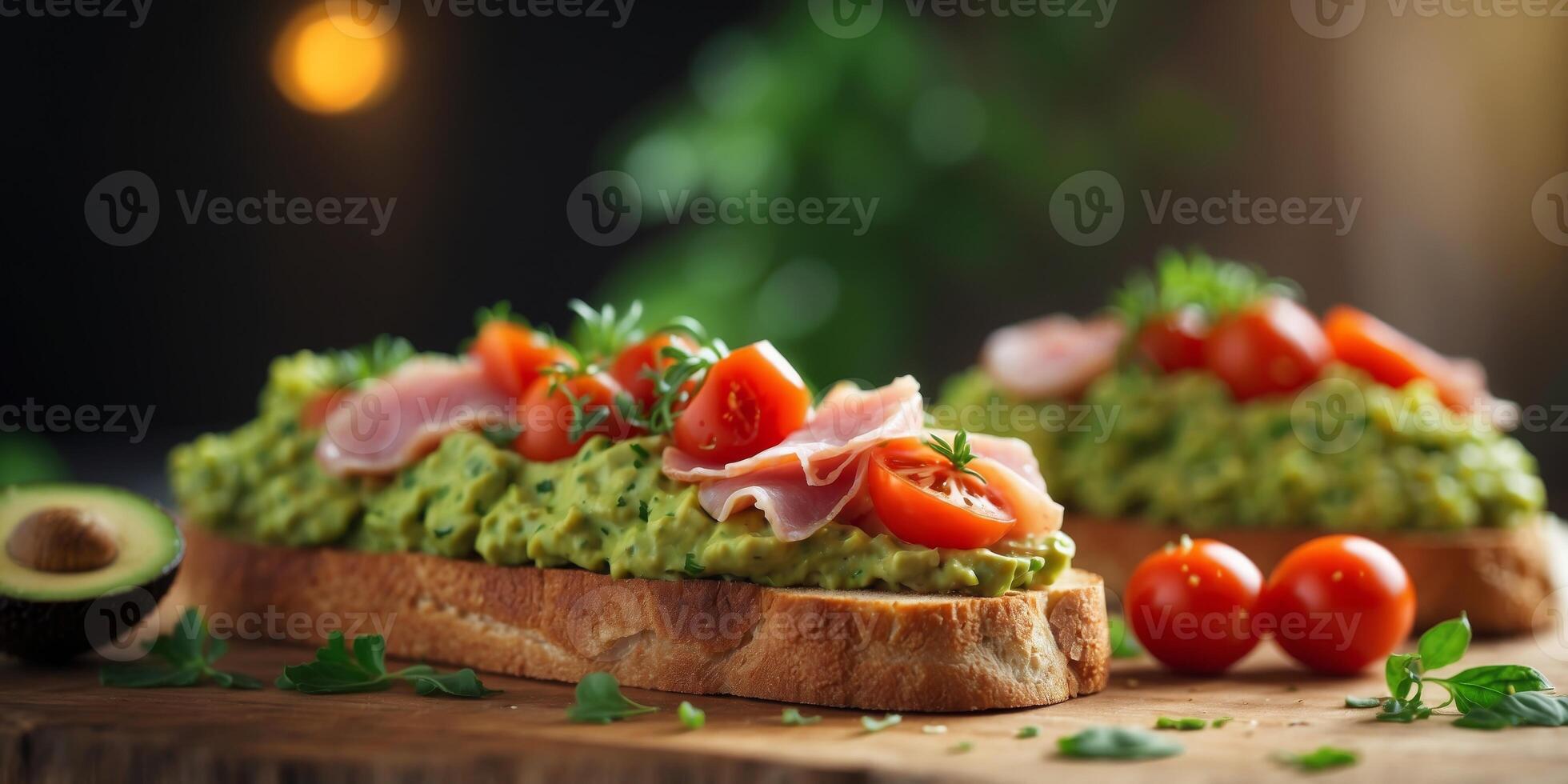 Fresh avocado toast with savory ham and ripe tomatoes. photo