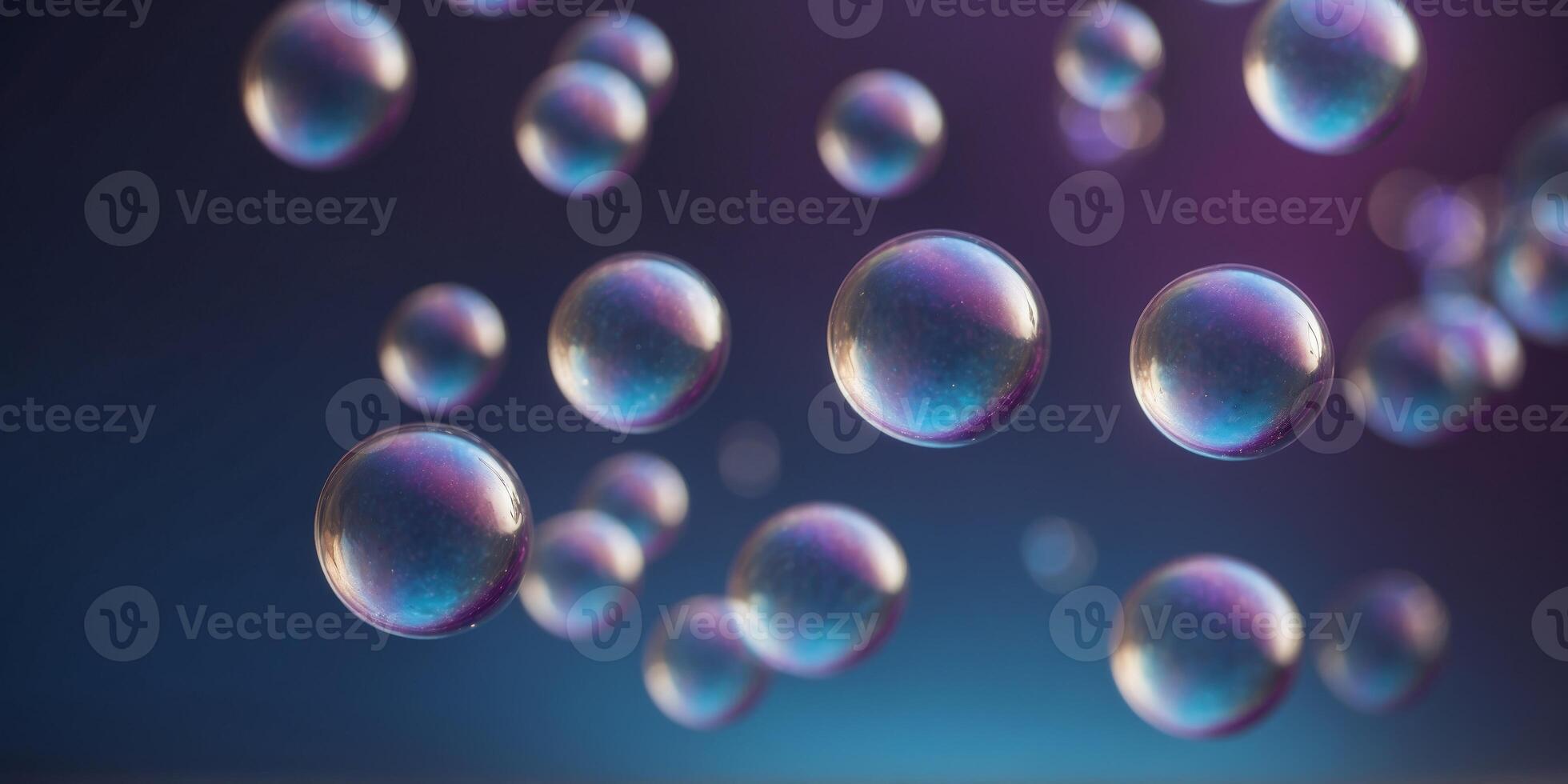 Magical shimmering soap bubbles on a dreamy blue and purple background. photo