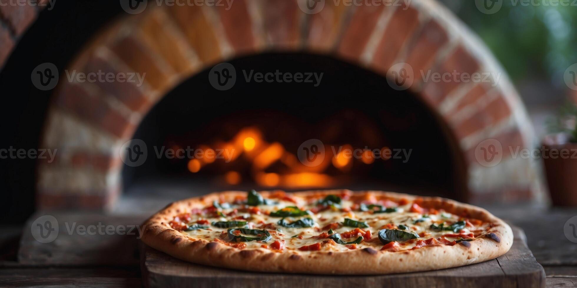 Freshly baked pizza with toppings in traditional brick oven. photo