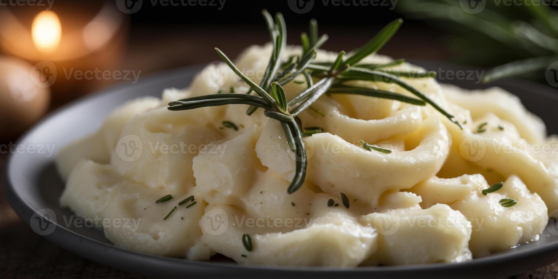 Creamy mashed potatoes garnished with fresh rosemary. photo