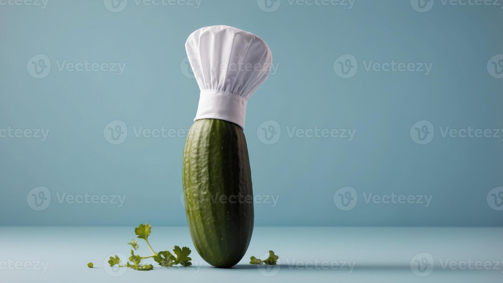 Flying cucumber with chef hat on pastel blue background Minimal food concept An idea creative to produce work within an advertising marketing communications. photo