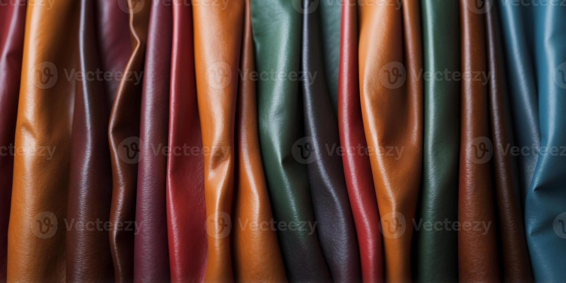 Colorful leather sheets displayed in a row. photo