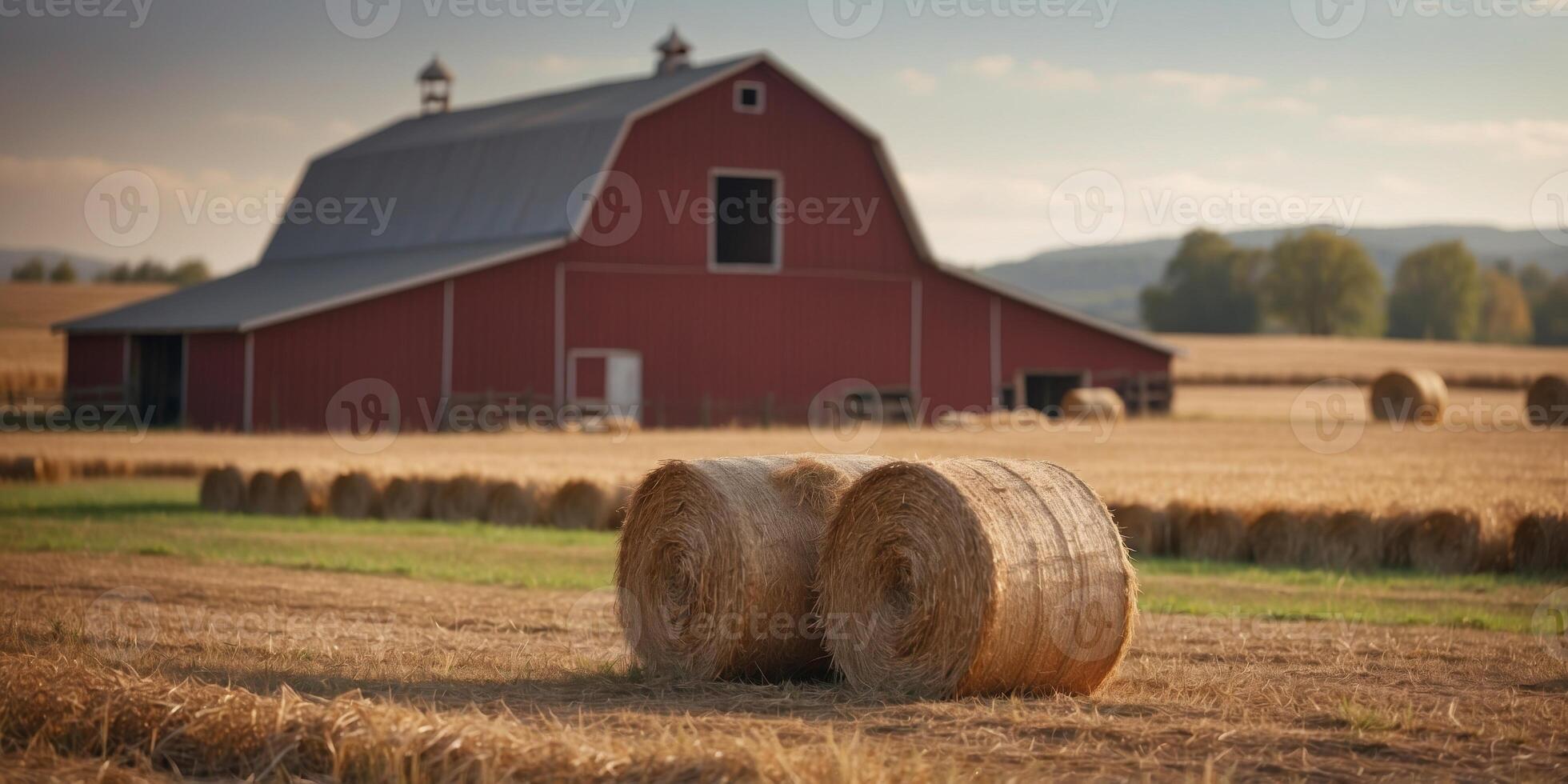 Rustic barn with hay bale on a serene farmland. photo