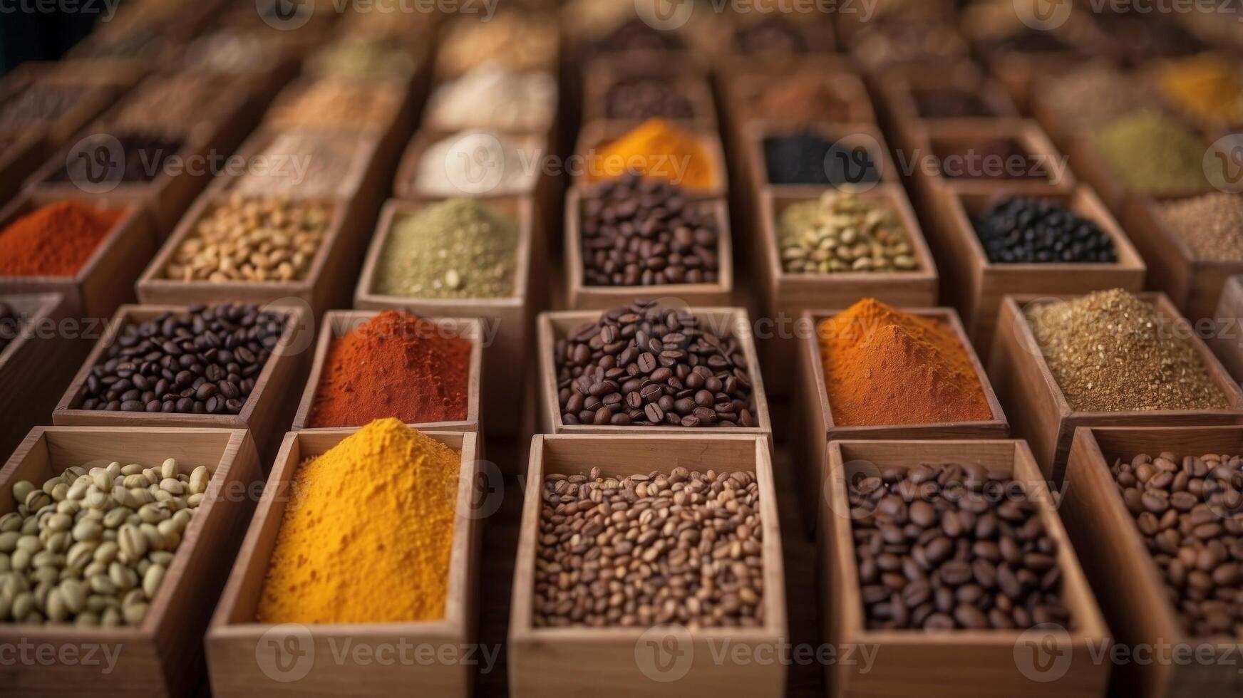 Wooden boxes filled with assorted spices and coffee beans. photo