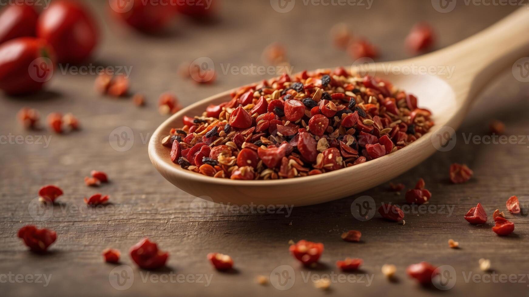 Wooden Spoon Filled with Crushed Red Pepper Flakes. photo