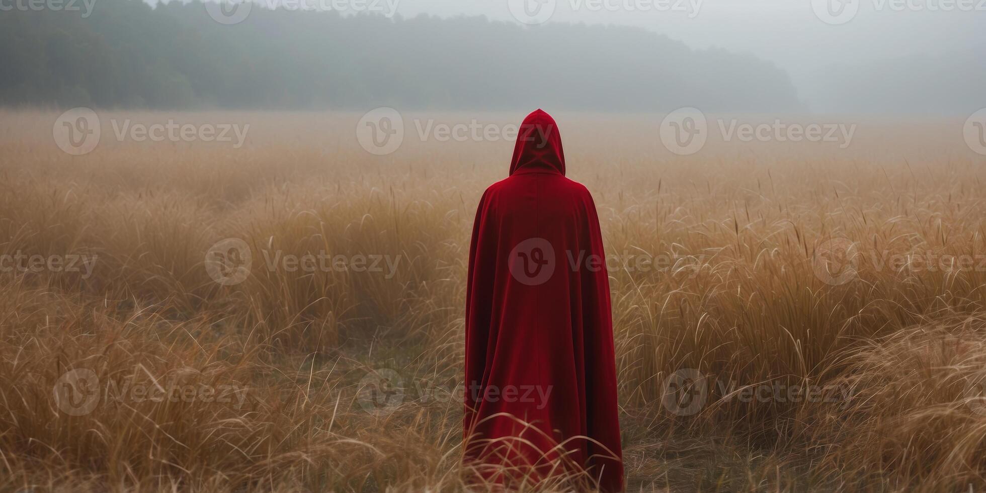 Traveler in a red cloak walking through a field of tall grass in foggy weather The concept of solitude and contemplation. photo