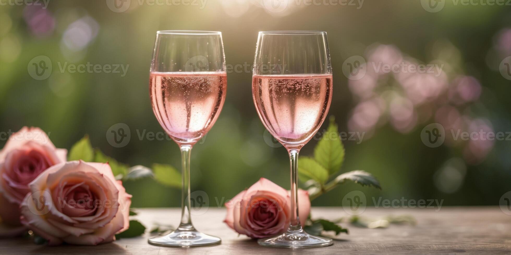 Sparkling rose wine in a glass with a garden background. photo