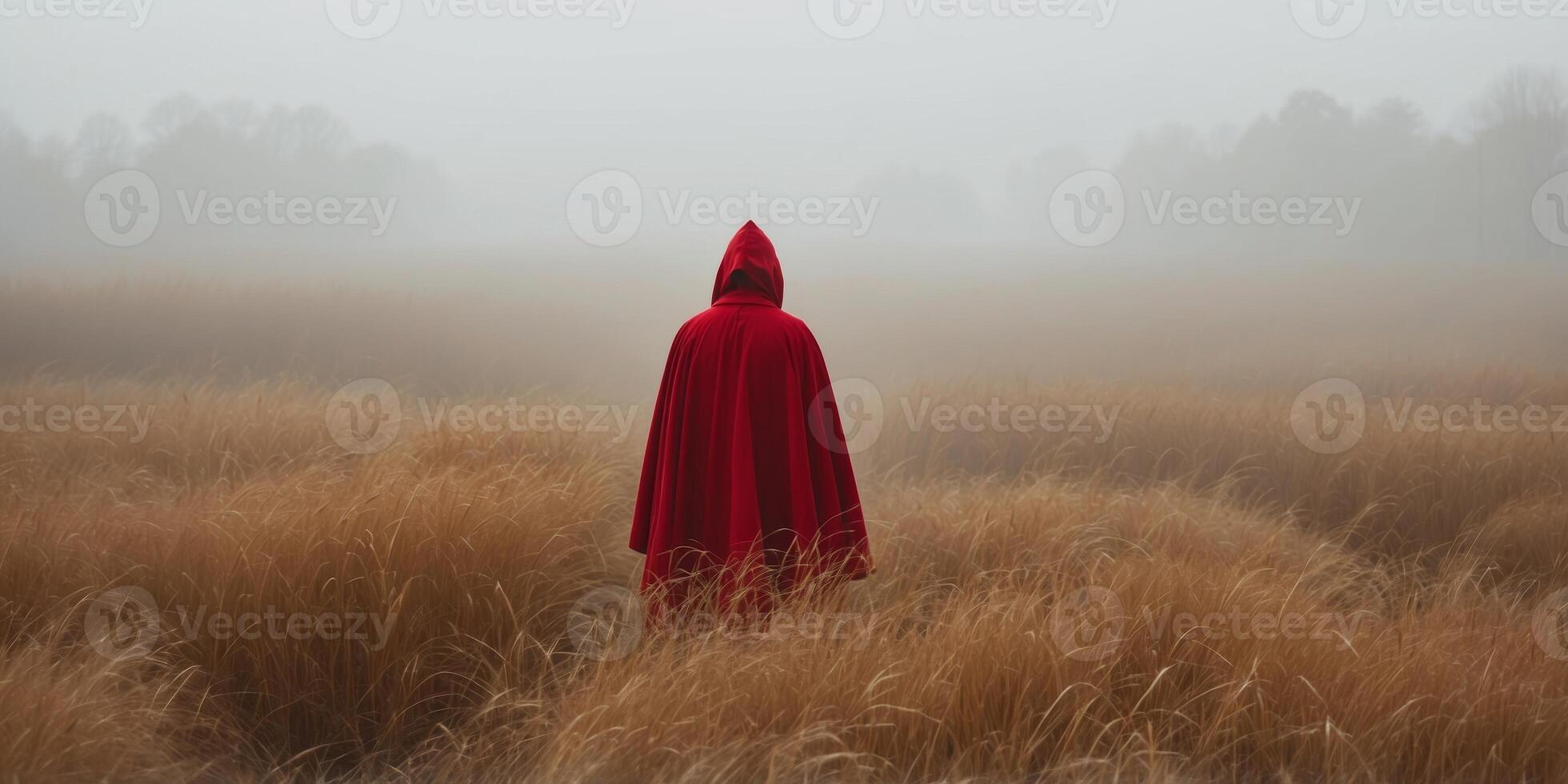 Traveler in a red cloak walking through a field of tall grass in foggy weather The concept of solitude and contemplation. photo