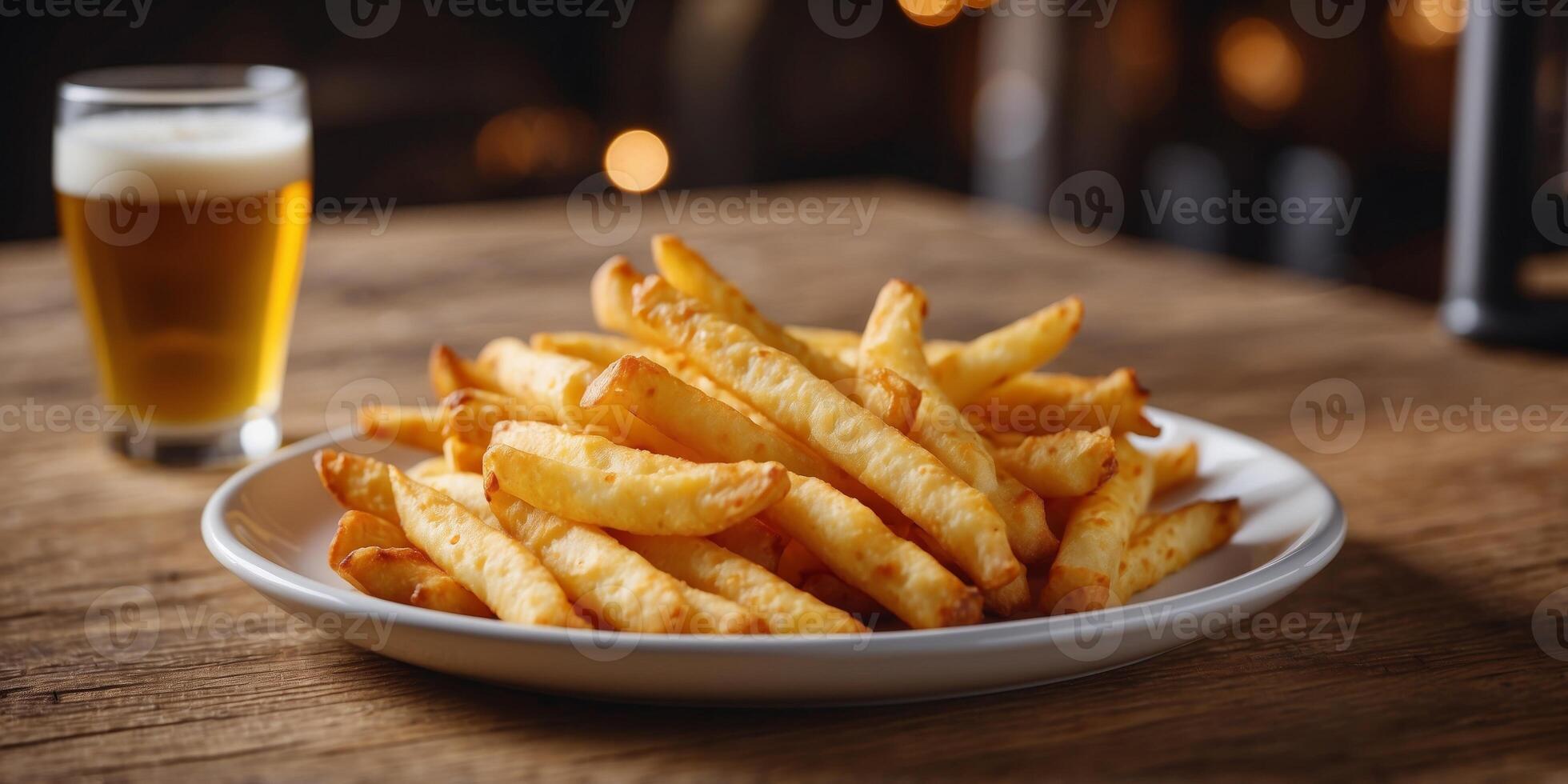 Two glasses of beer with a plate of cheesy fries on a rustic wooden board. photo
