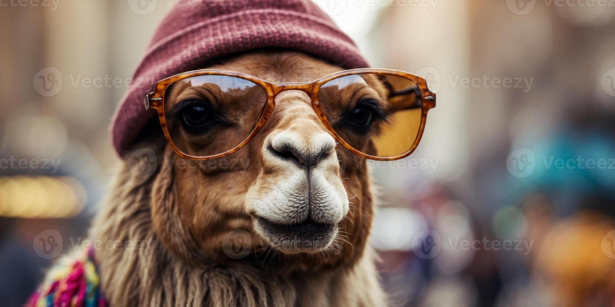 Stylish camel in colorful beanie and sunglasses. photo