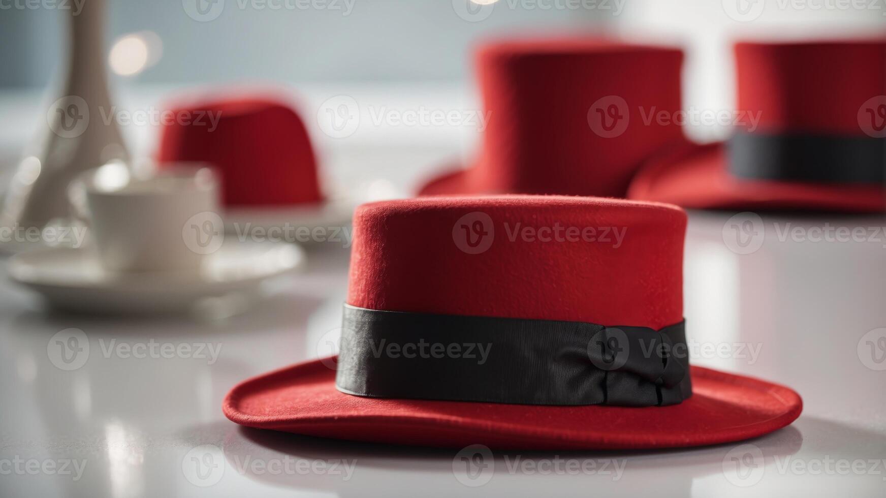 Two red top hats sit side by side on a white table surface. photo
