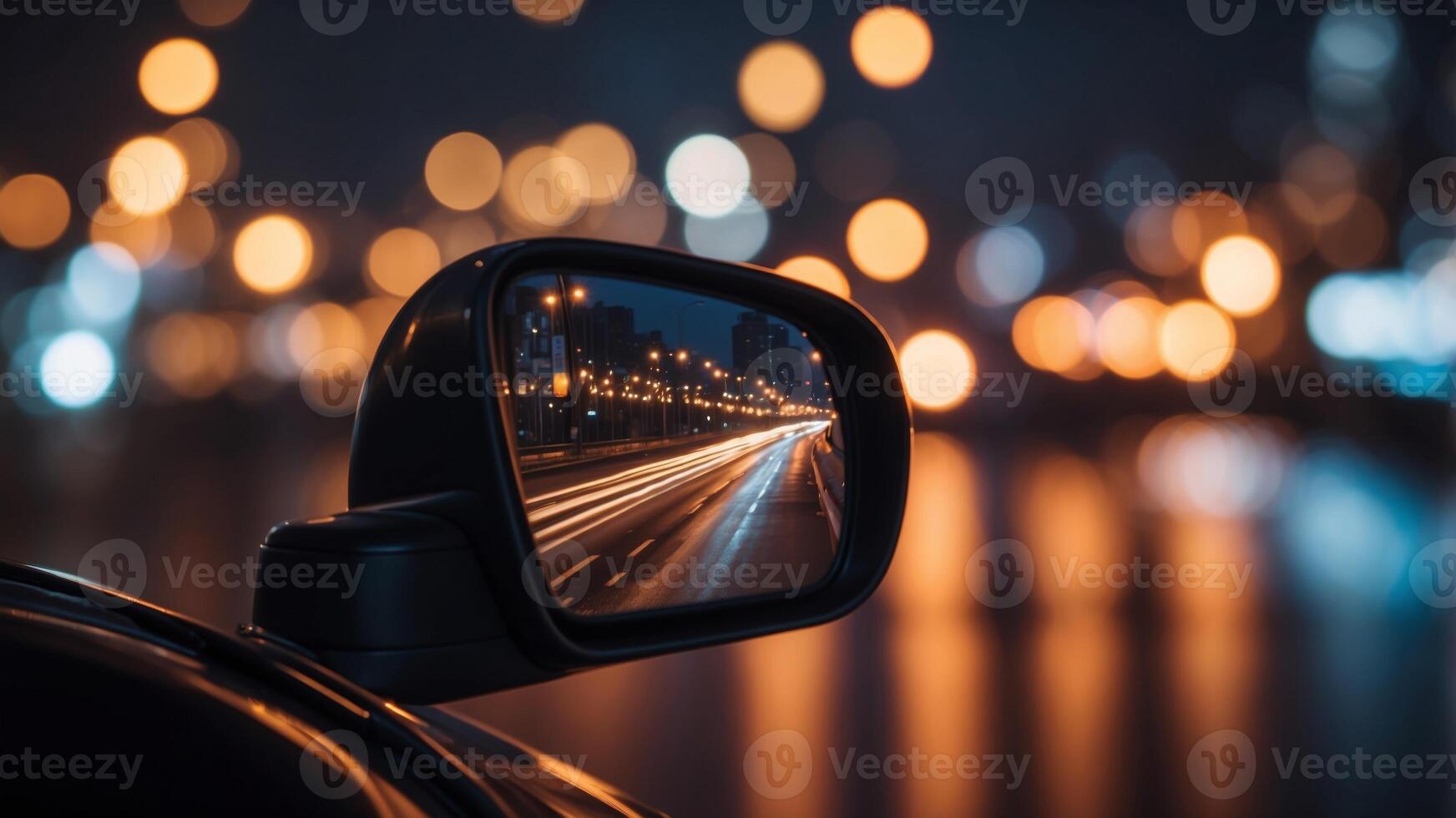 Side View Mirror Reflecting City Lights at Night. photo
