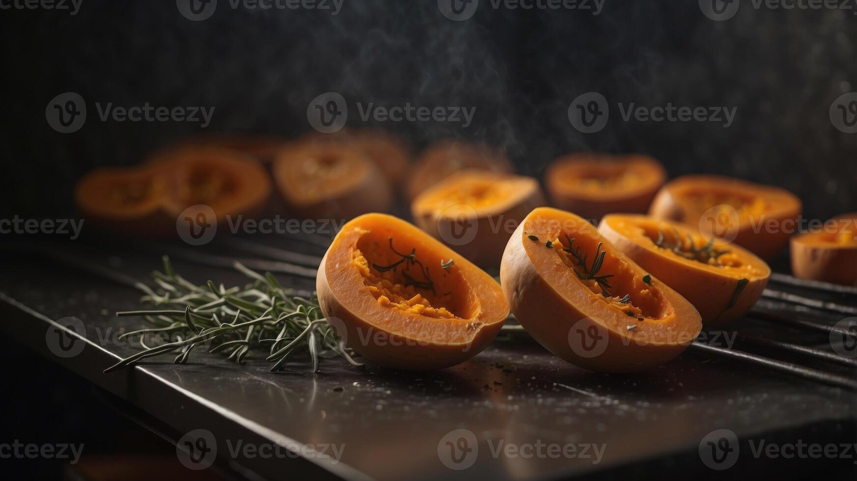 Roast the butternut squash in the oven after slicing it thinly Garnish with sage leaves for a final touch. photo
