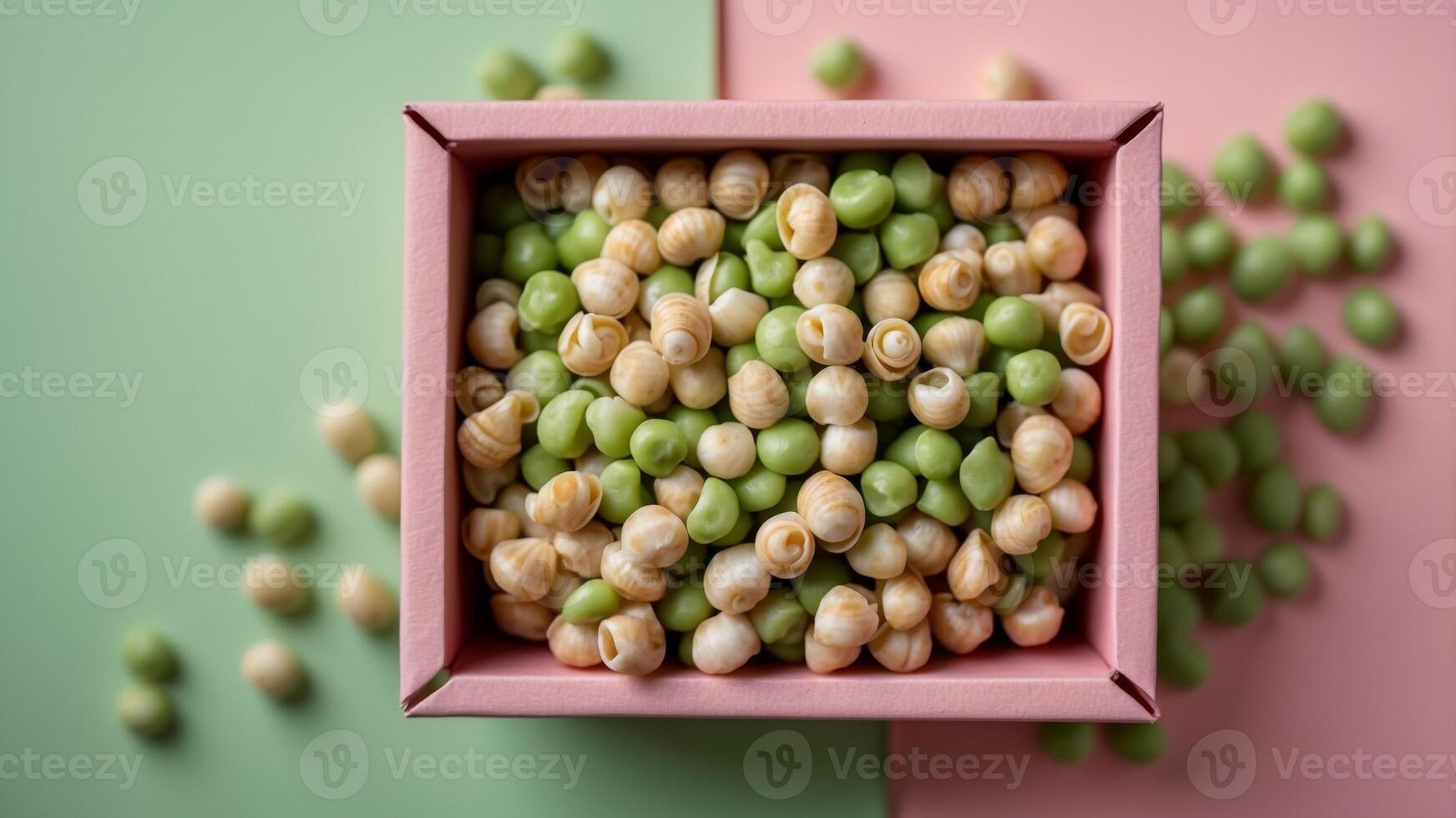 Top view of shell peas packed in a french fries pink paper box placed on a light green background. photo