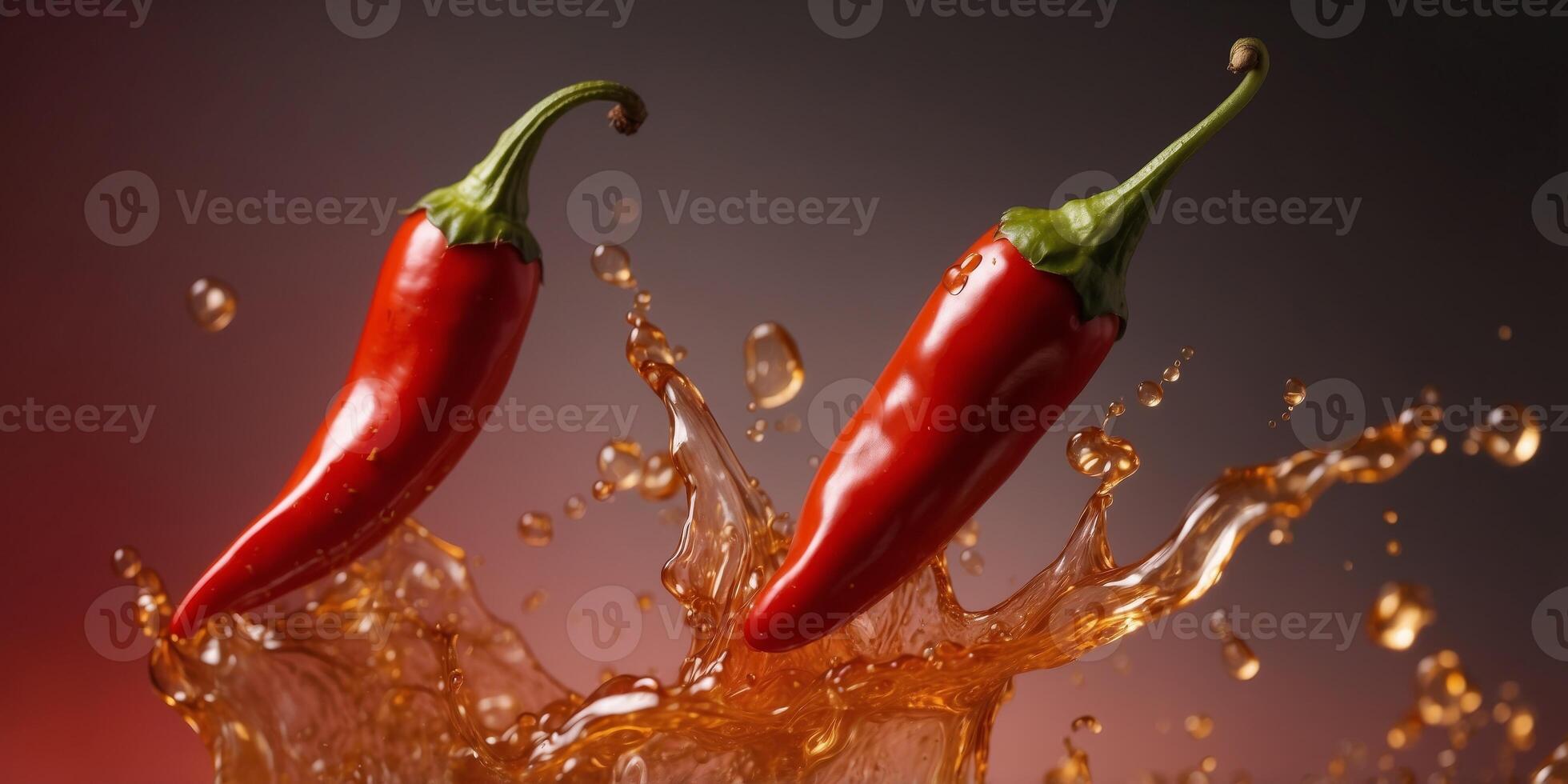 Spicy chili peppers splashing into hot sauce on red background. photo