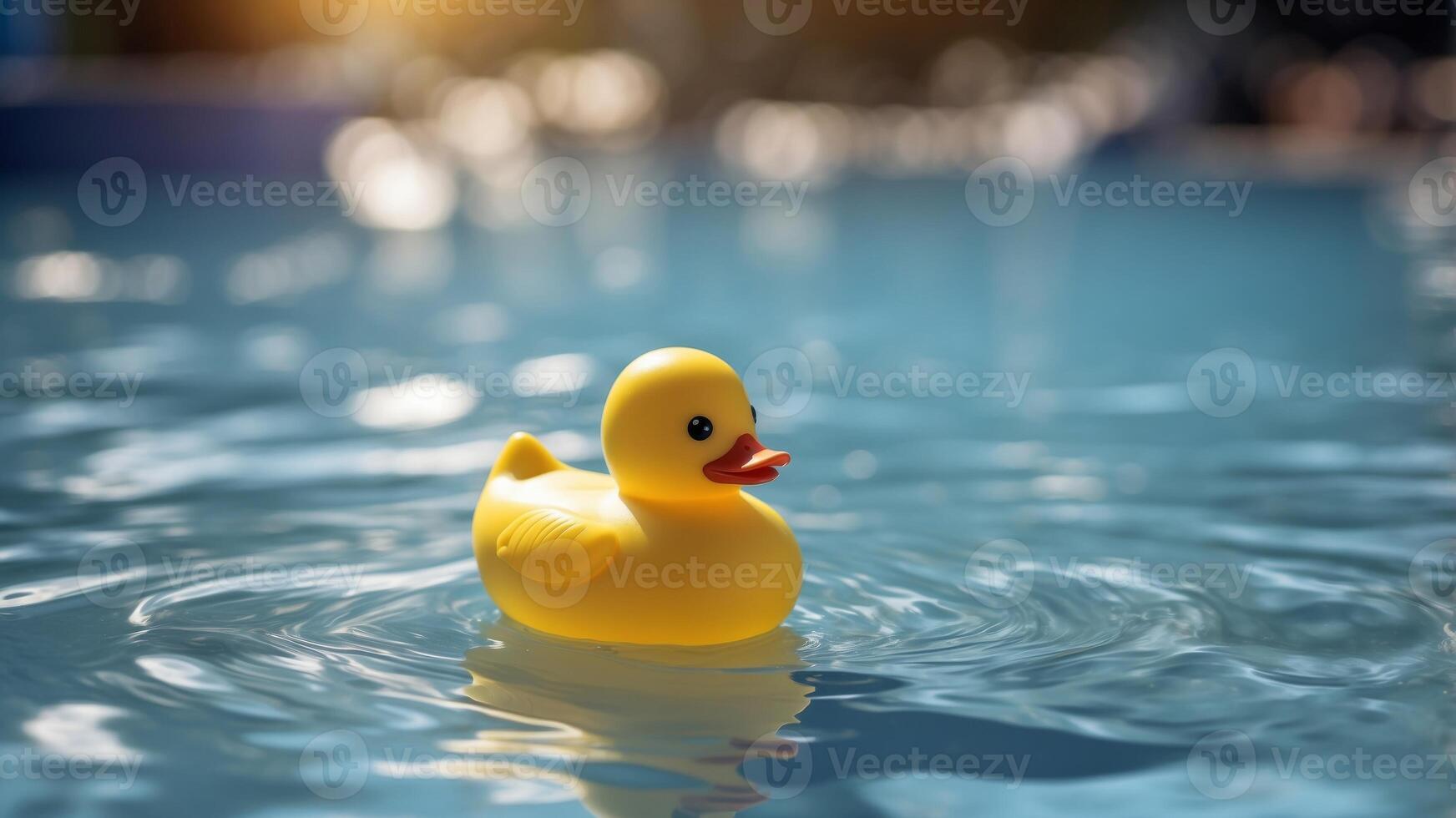 Yellow rubber duck floating in a clear blue pool Summer fun in the sun Creative summer concept. photo