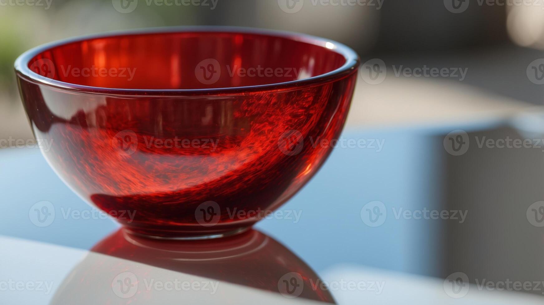 Red glass bowl with abstract background and reflections. photo