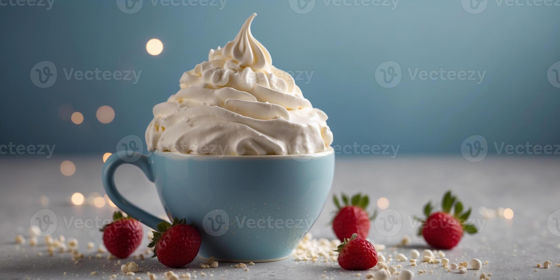 Whipped cream delight in a blue cup on pastel background. photo