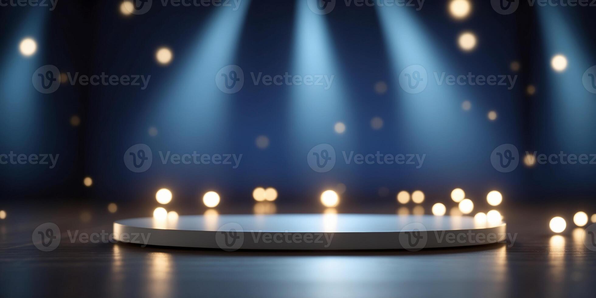 White podium illuminated by blue spotlights before blue. photo