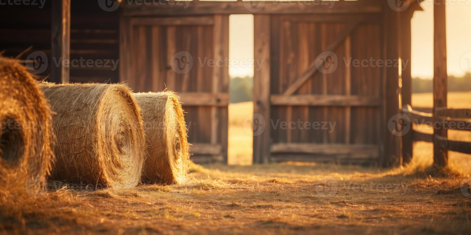 Rustic barn doors with hay bale in golden hour light. photo