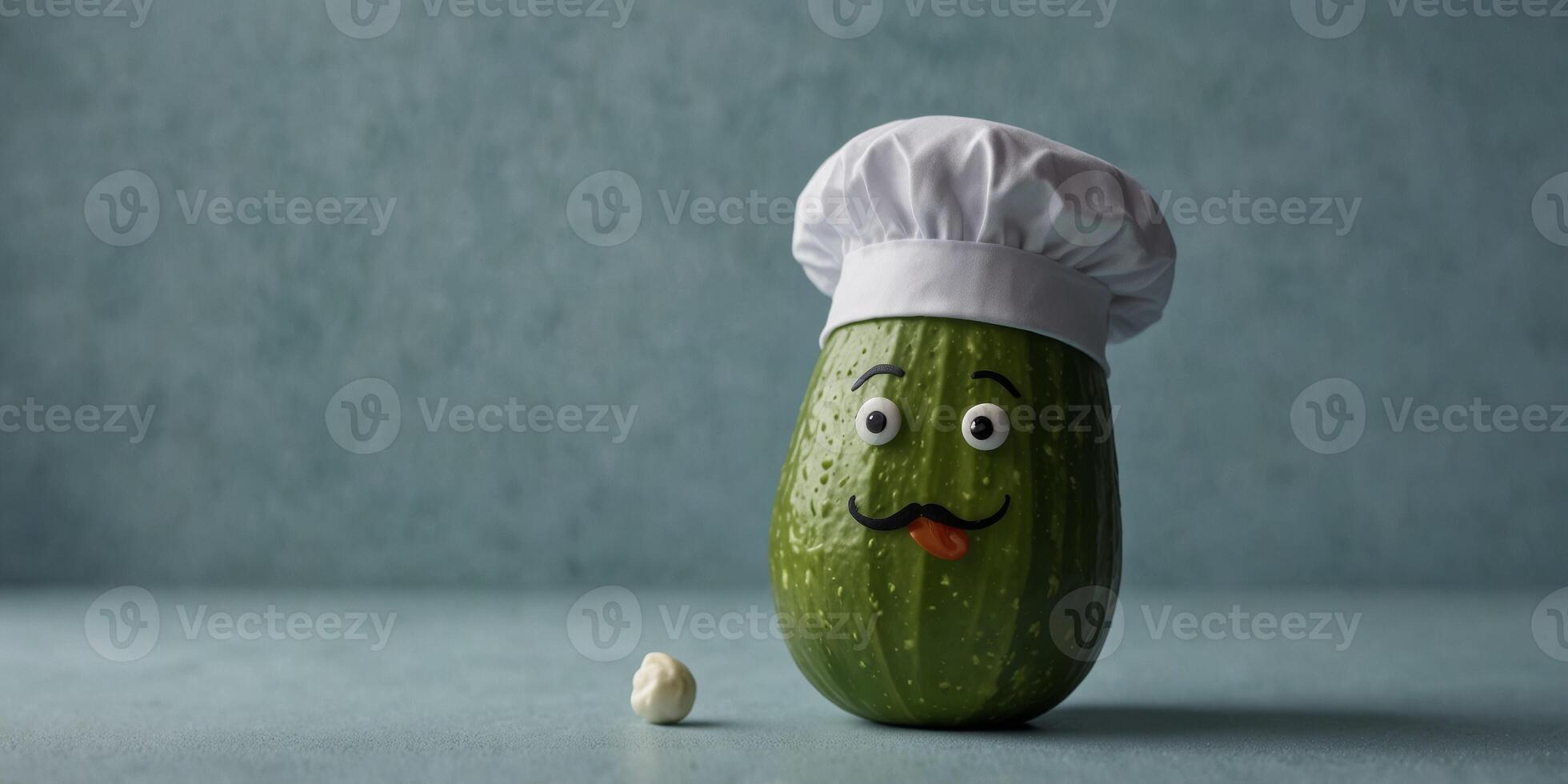 Cucumber with chef hat on pastel blue background Minimal food concept An idea creative to produce work within an advertising marketing communications. photo