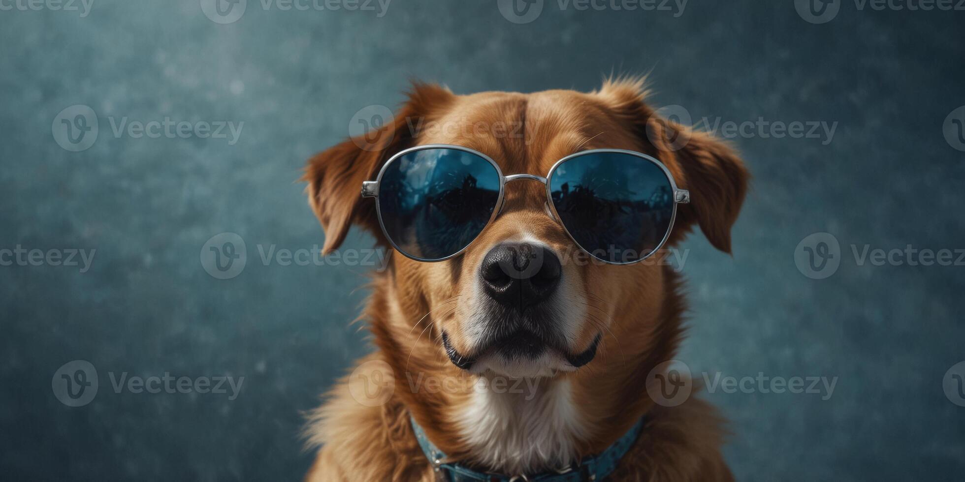 Cool dog wearing sunglasses on blue background. photo