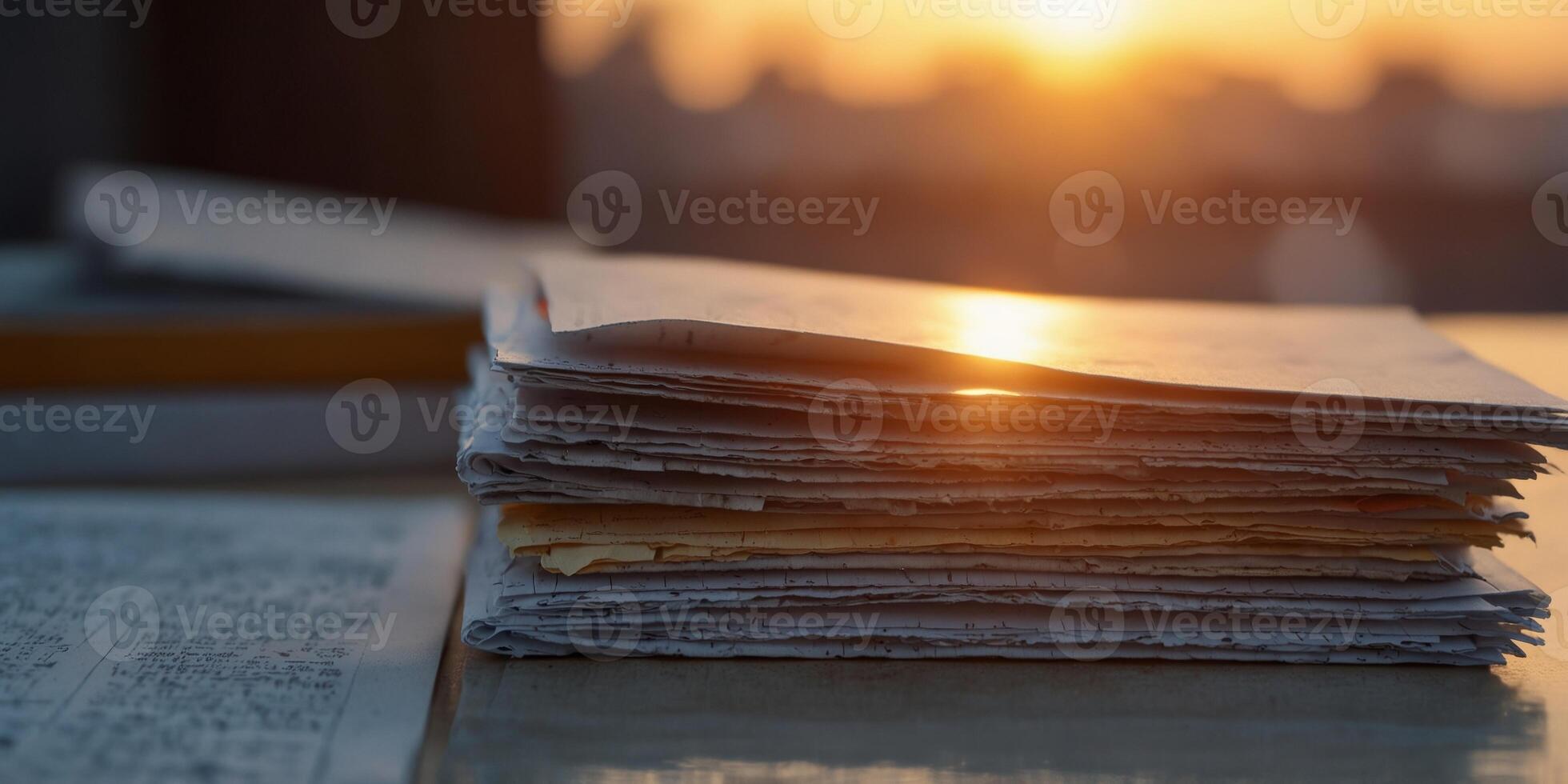 Glowing sunrise over a stack of office paperwork. photo