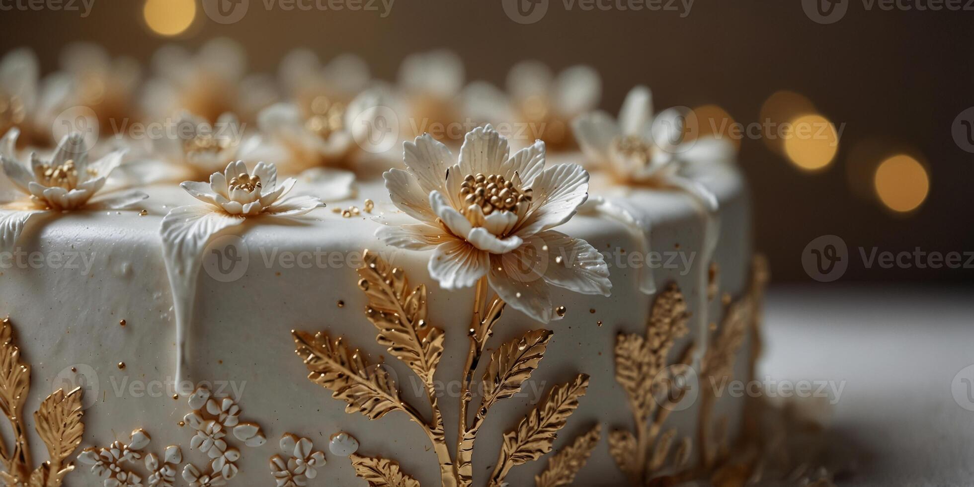 Delicate white gold floral cake decoration closeup. photo