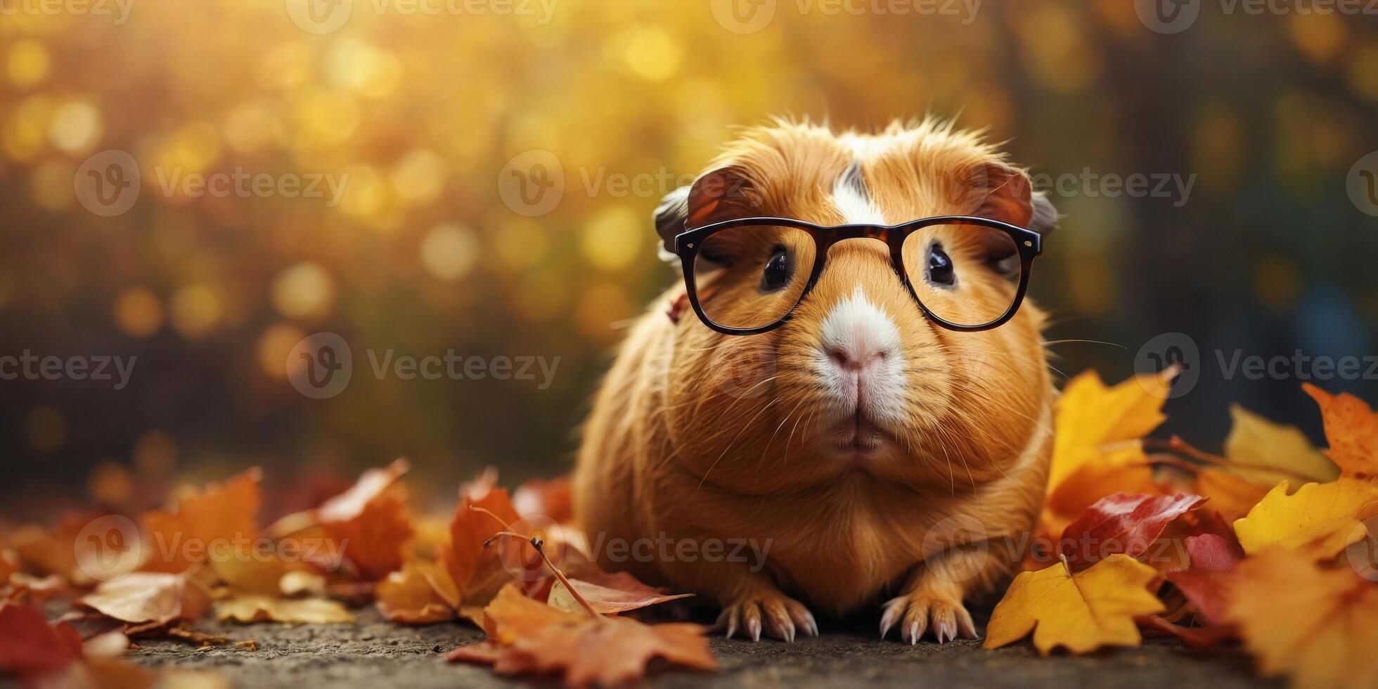 Cute Guinea Pig Wearing Glasses In Fall Foliage. photo