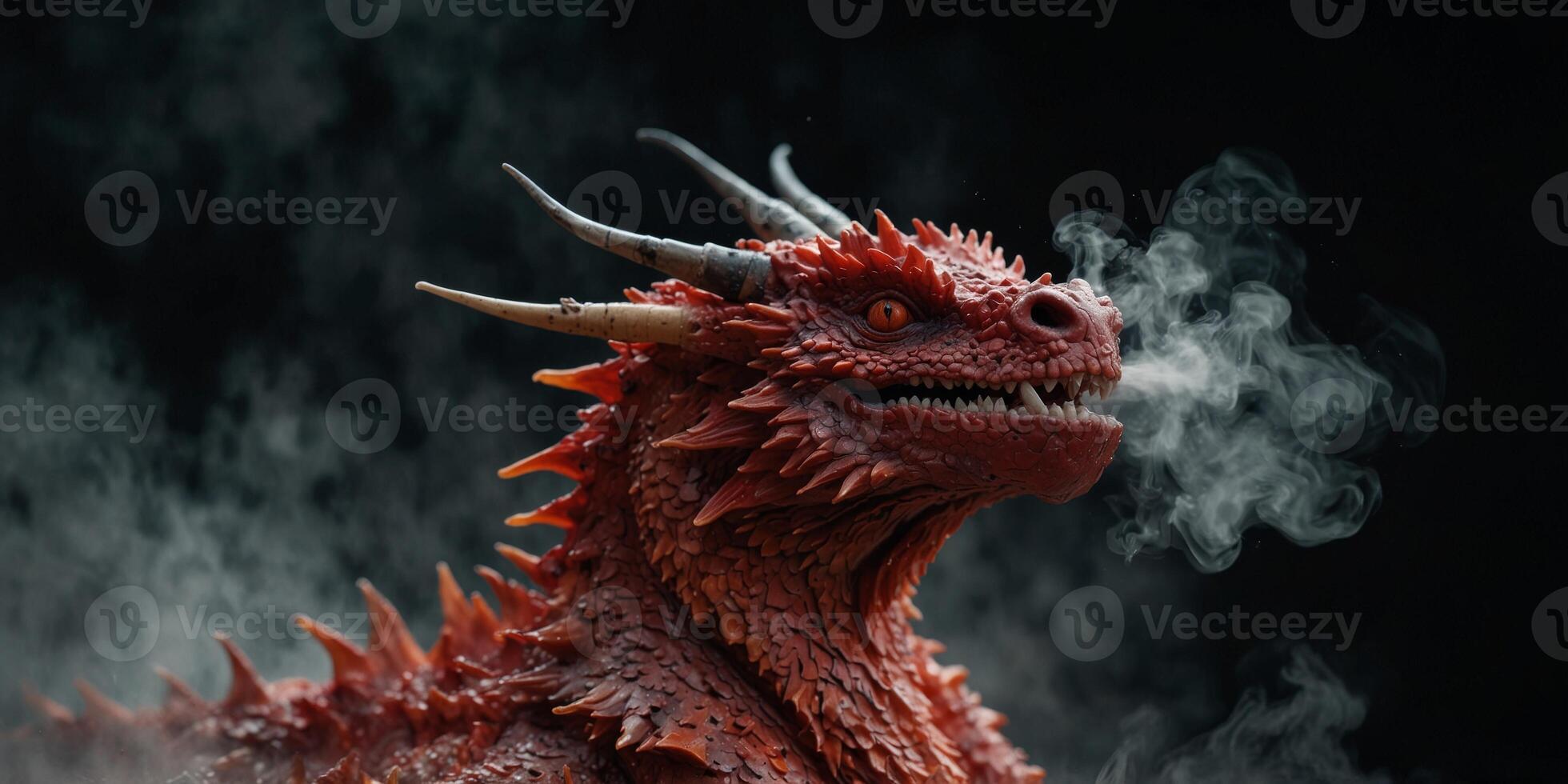 Majestic red dragon head with smoke exhalation on black background. photo