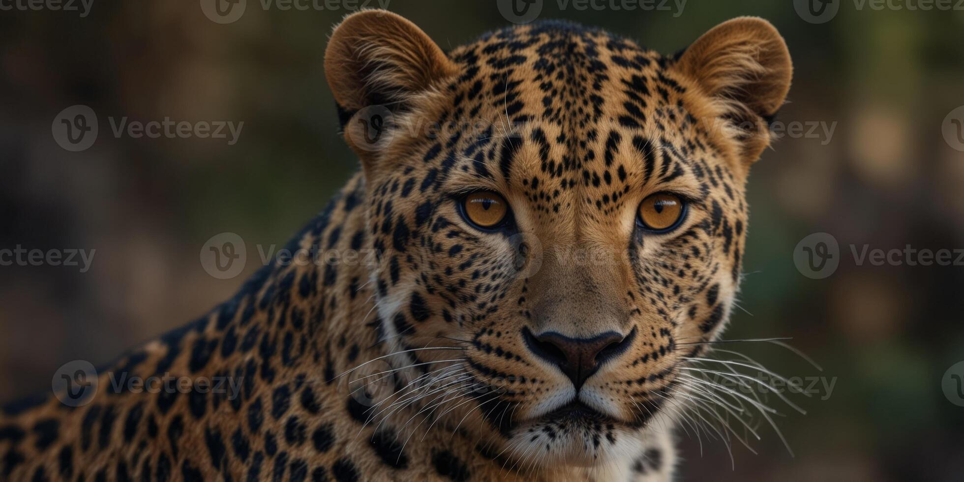 A close-up of a leopard's face with a blurred background. photo