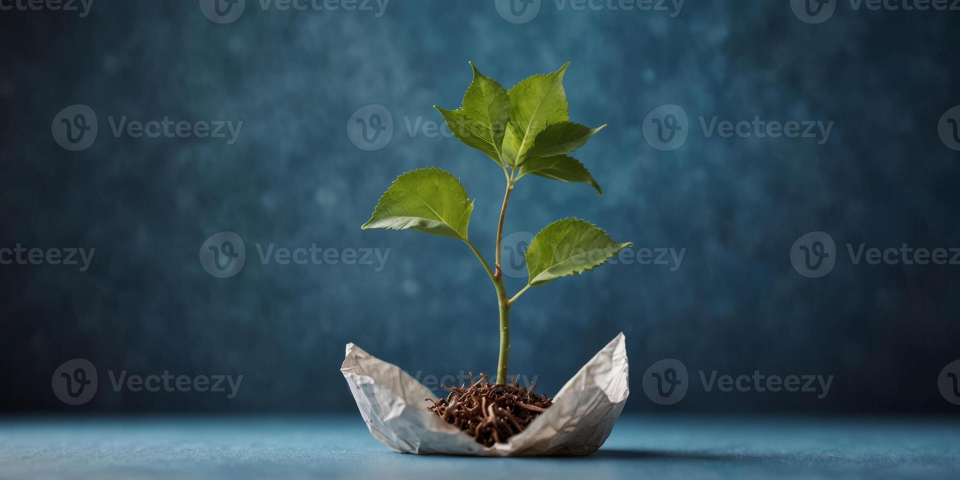 Sapling sprouting from crumpled paper on blue background. photo