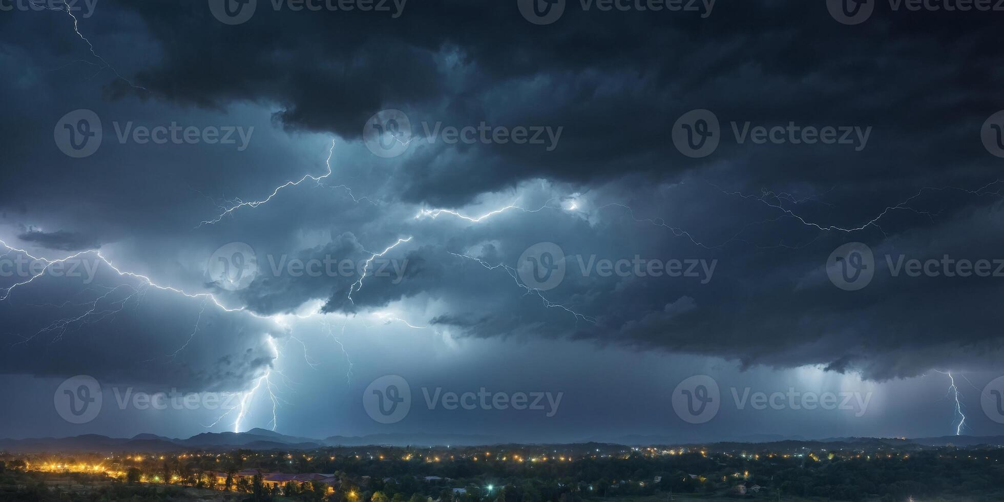 dark sky with heavy clouds with lightning during a thunderstorm. photo