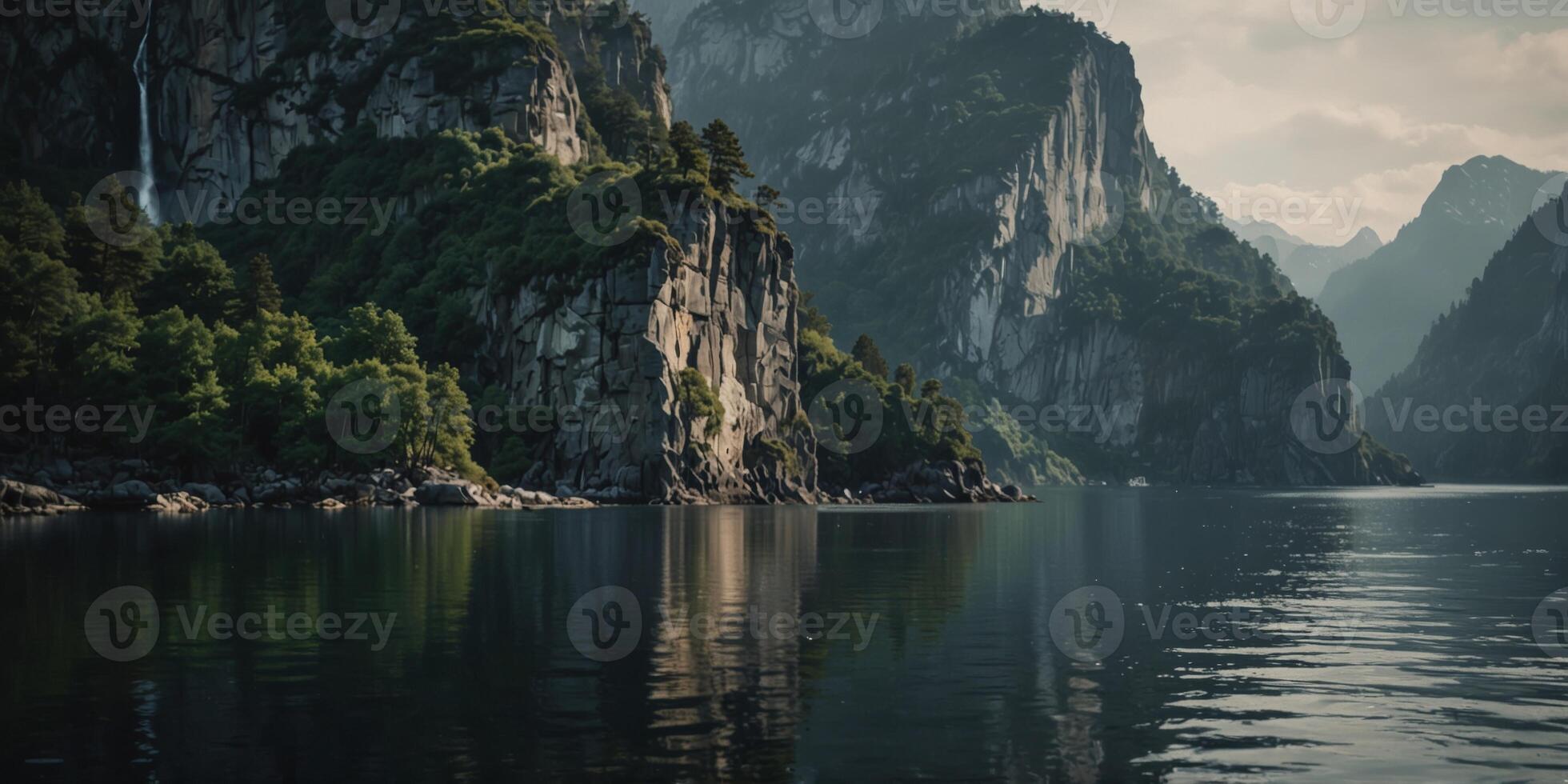 Misty fjord landscape with towering cliffs and tranquil waters. photo