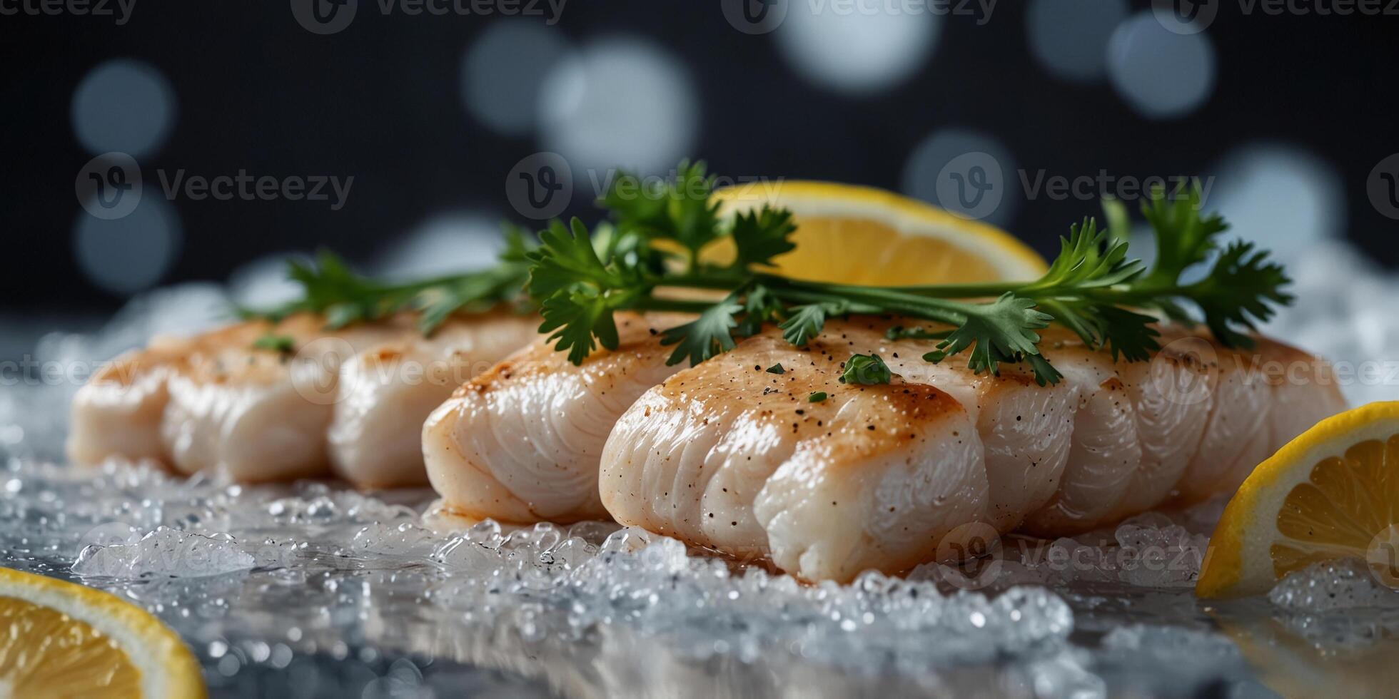 Fresh cod fillets on ice with lemon parsley. photo