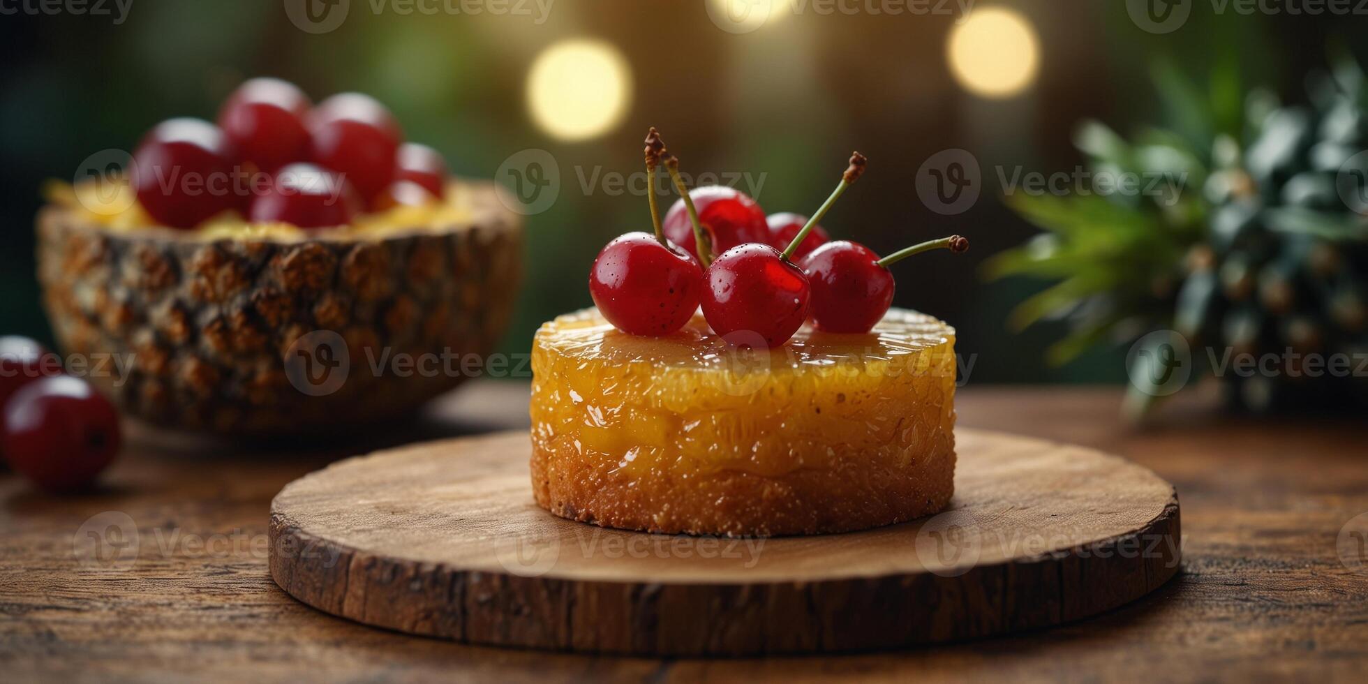Glistening pineapple upside- cake with cherries on wooden board. photo