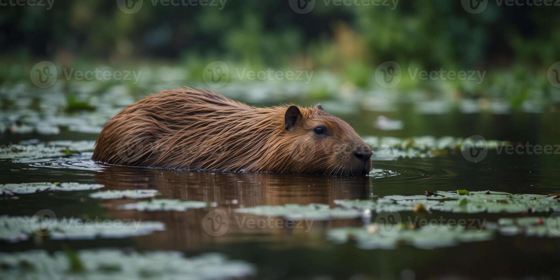 Capybara swimming peacefully in a lush pond with water lilies. photo