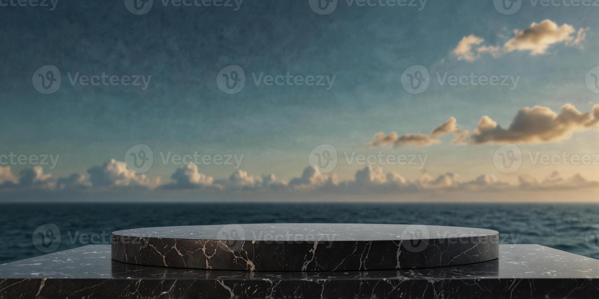 Empty black round marble podium with blurred sea background. photo