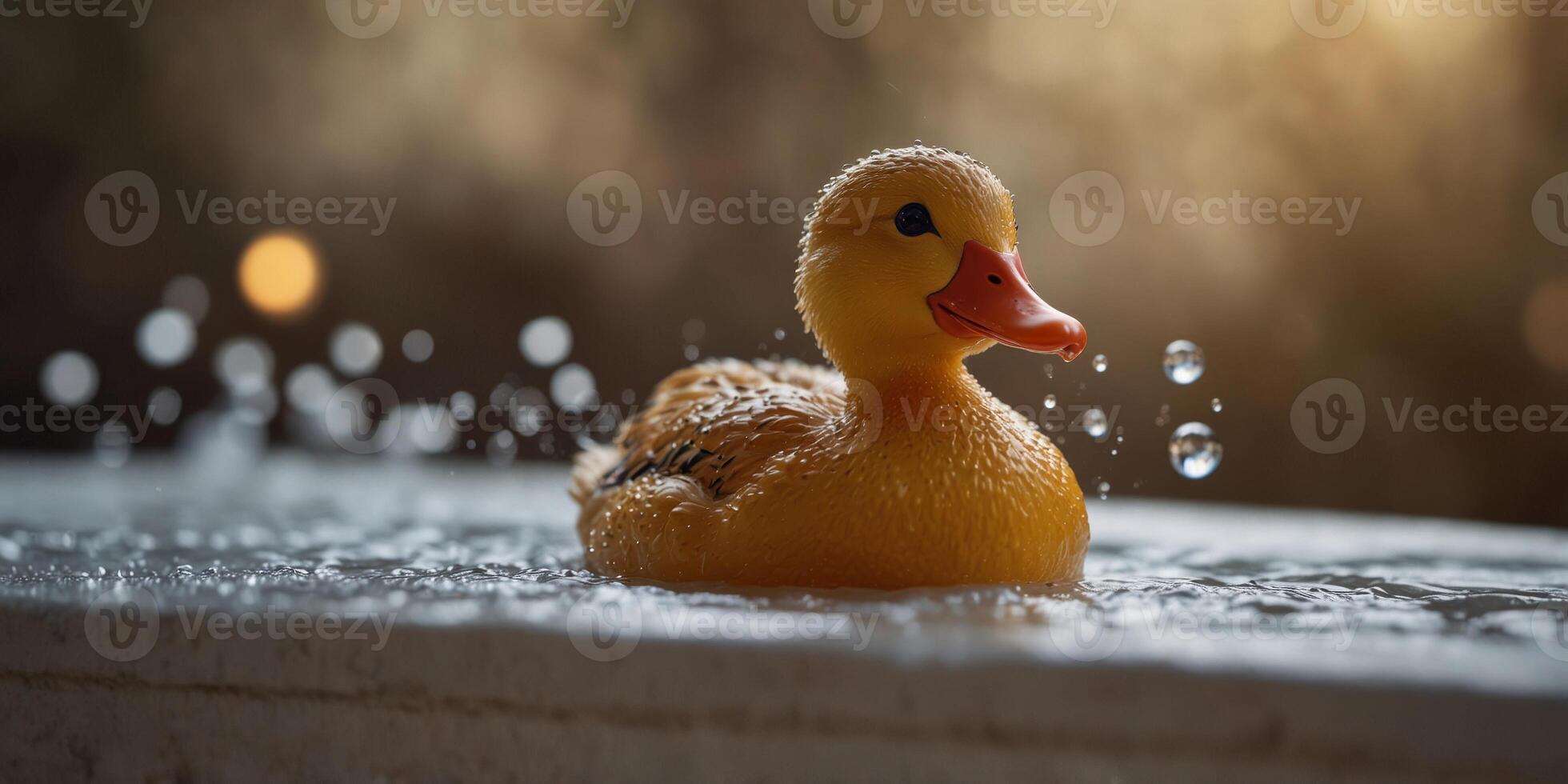 Playful duck toy enjoying a bubble bath in a warm ambiance. photo